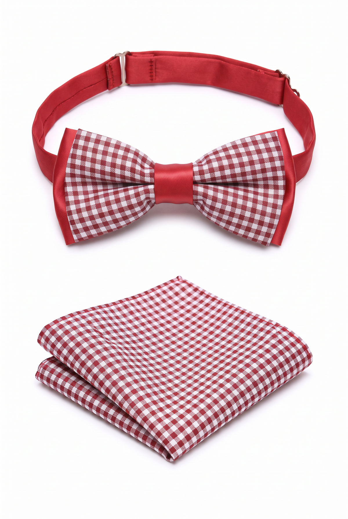 Boys Adjustable Pre-Tied Checkered Bow Tie & Pocket Square Set - Burgundy and Grey