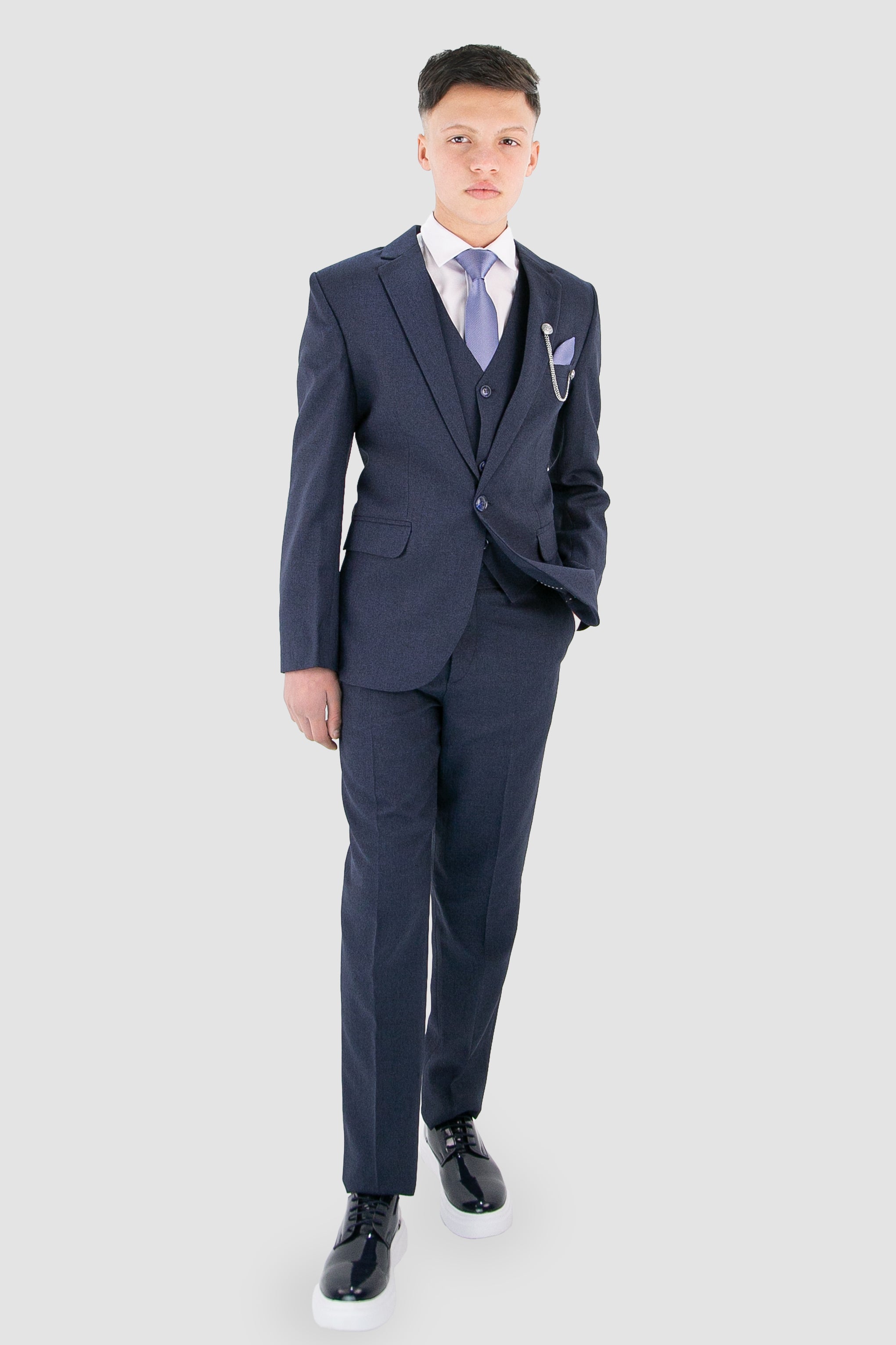 Boys Slim Fit Textured 8-Piece Formal Suit Set - Navy