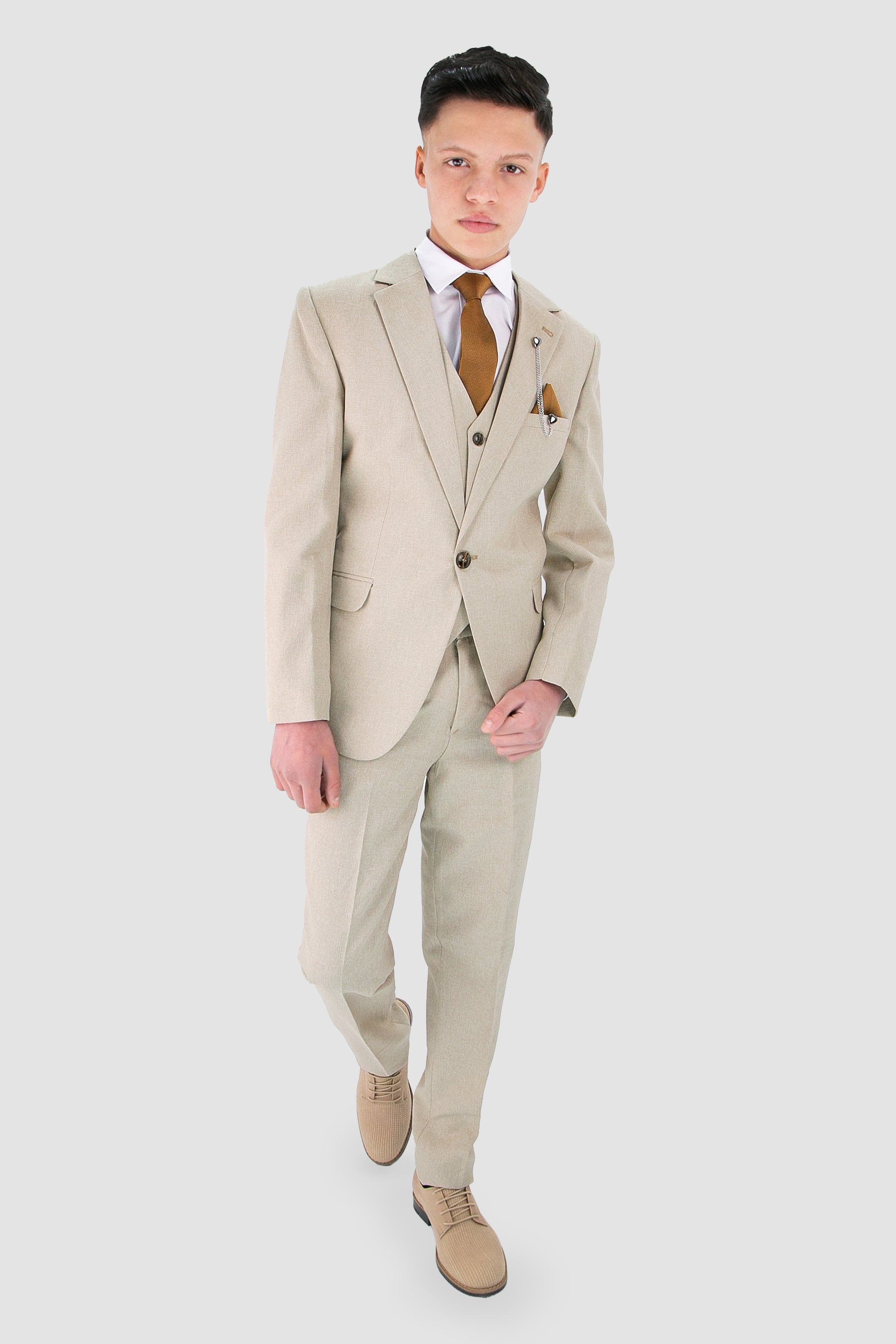 Boys Slim Fit Textured 8-Piece Formal Suit Set - Beige