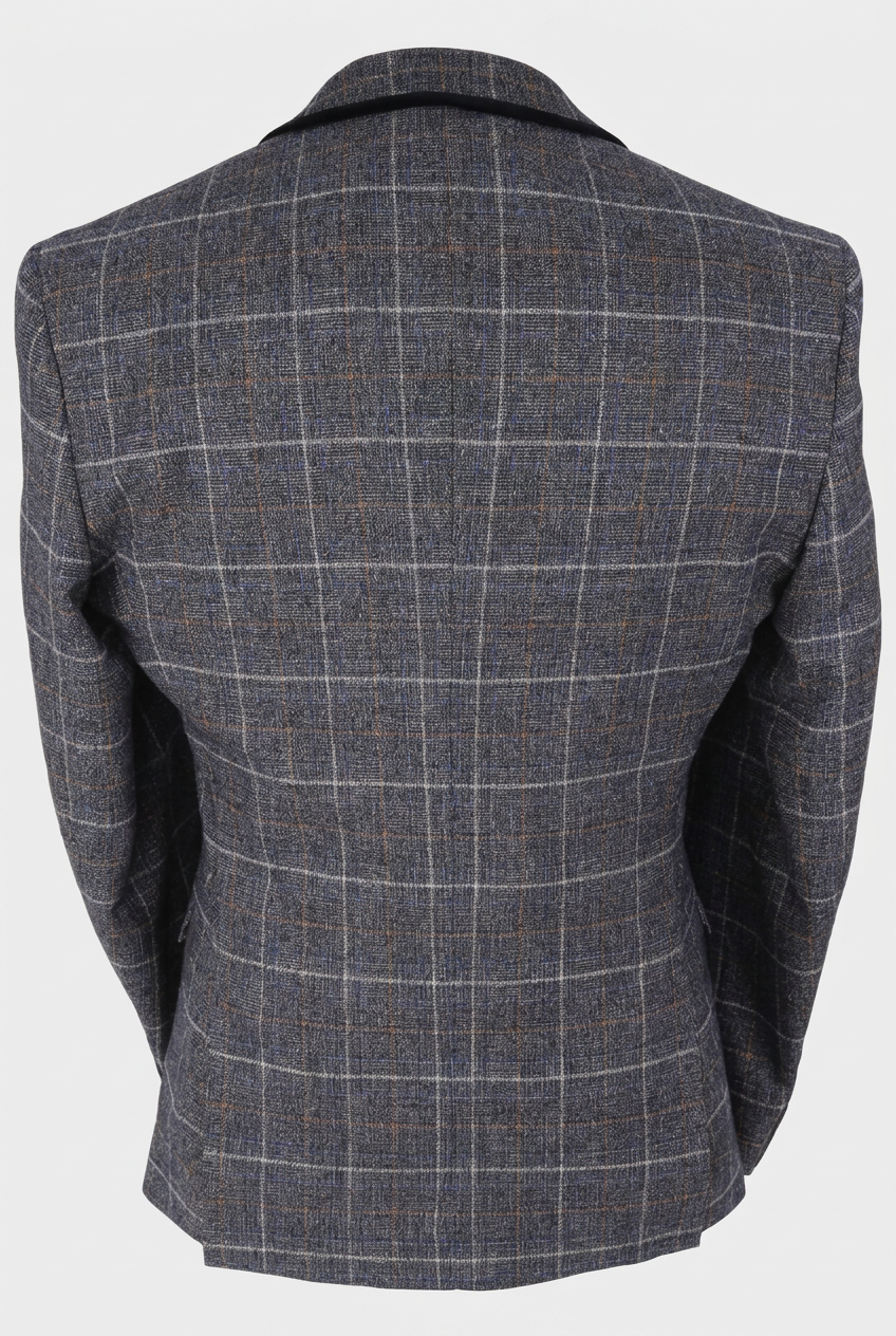 Men’s Navy Grey Check 3-Piece Suit with Double-Breasted Waistcoat