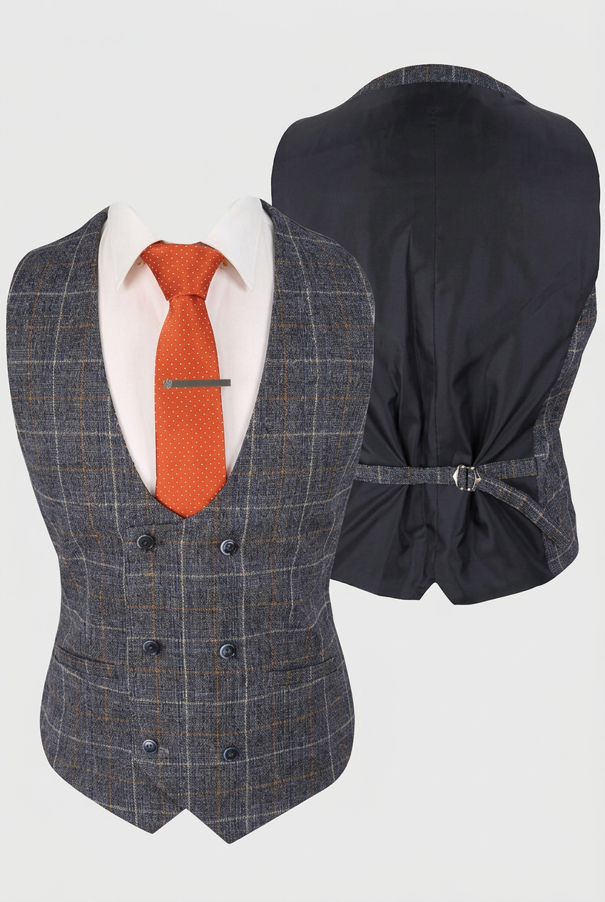 Men’s Navy Grey Check 3-Piece Suit with Double-Breasted Waistcoat
