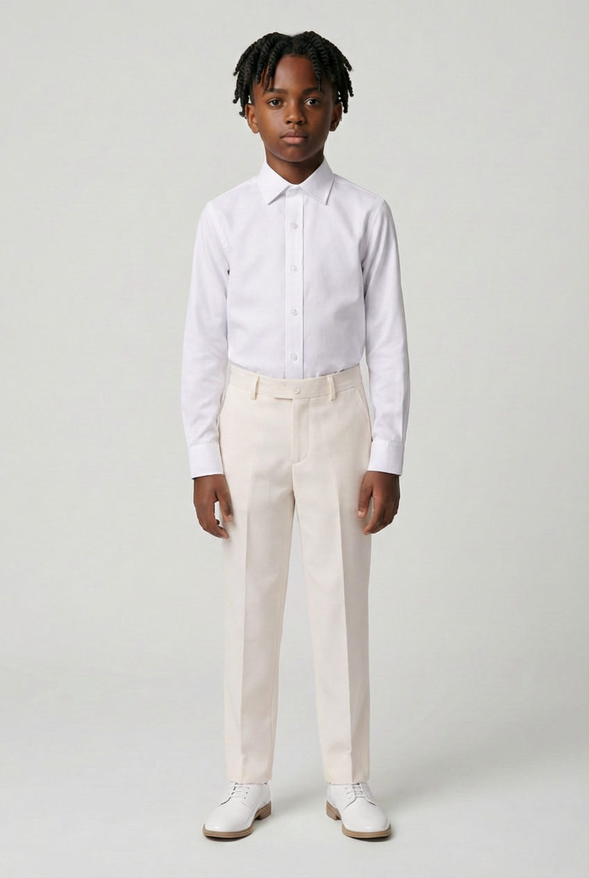 Boys Slim Fit Formal Trousers with Adjustable Waist - Ivory