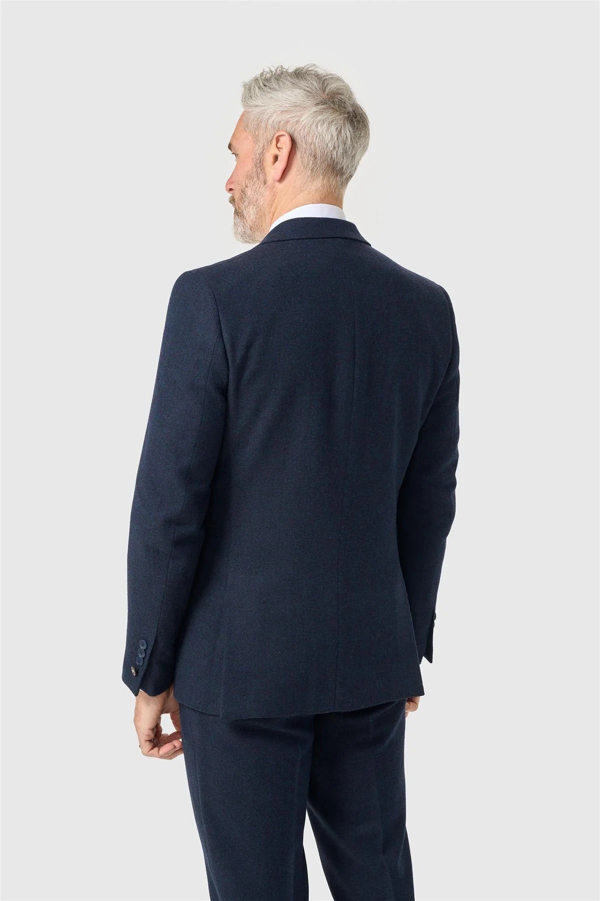 Men’s Wool Herringbone Tweed Suit Jacket - Thomas - Navy Model Back Picture
