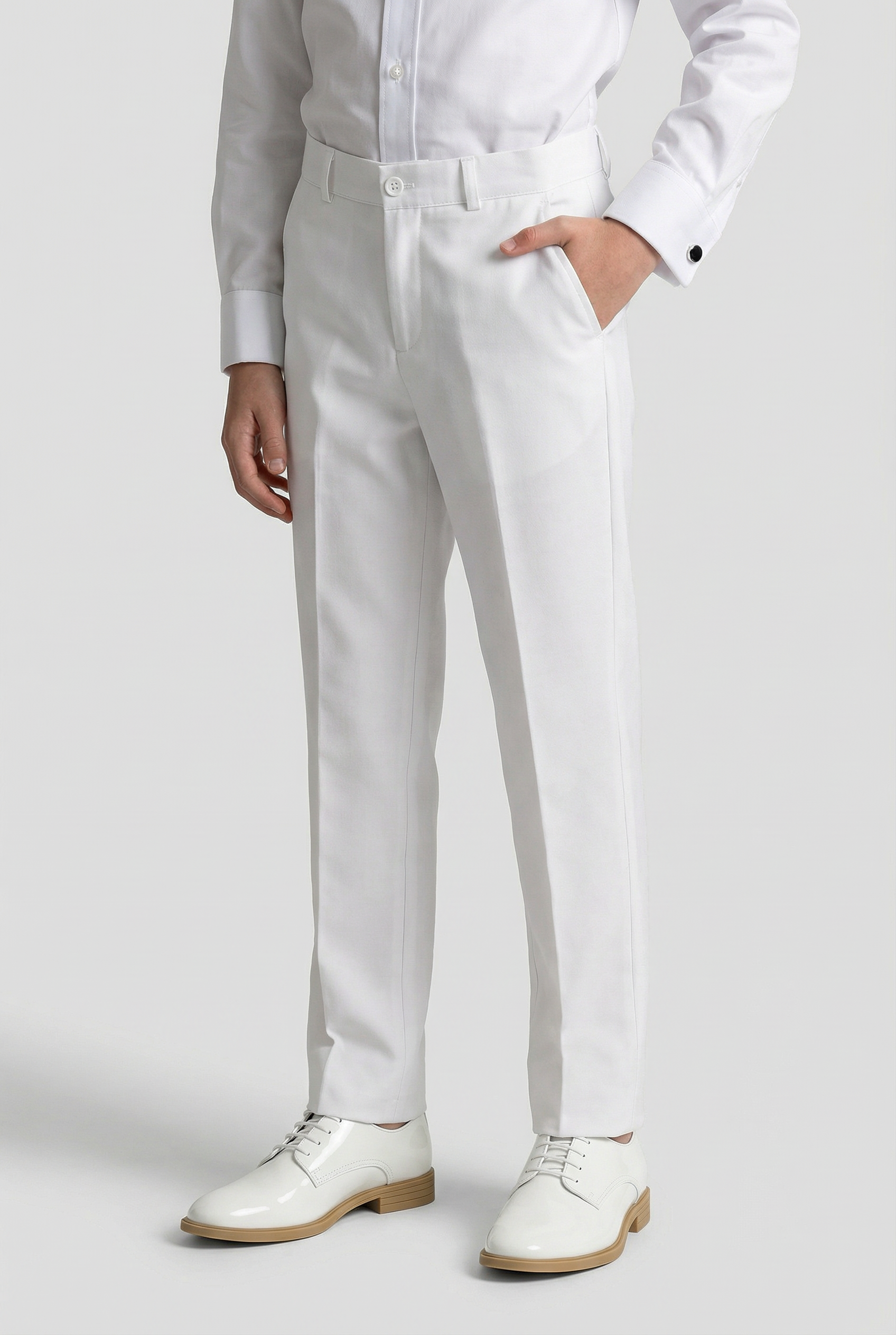 Boys Slim Fit Formal Trousers with Adjustable Waist - White