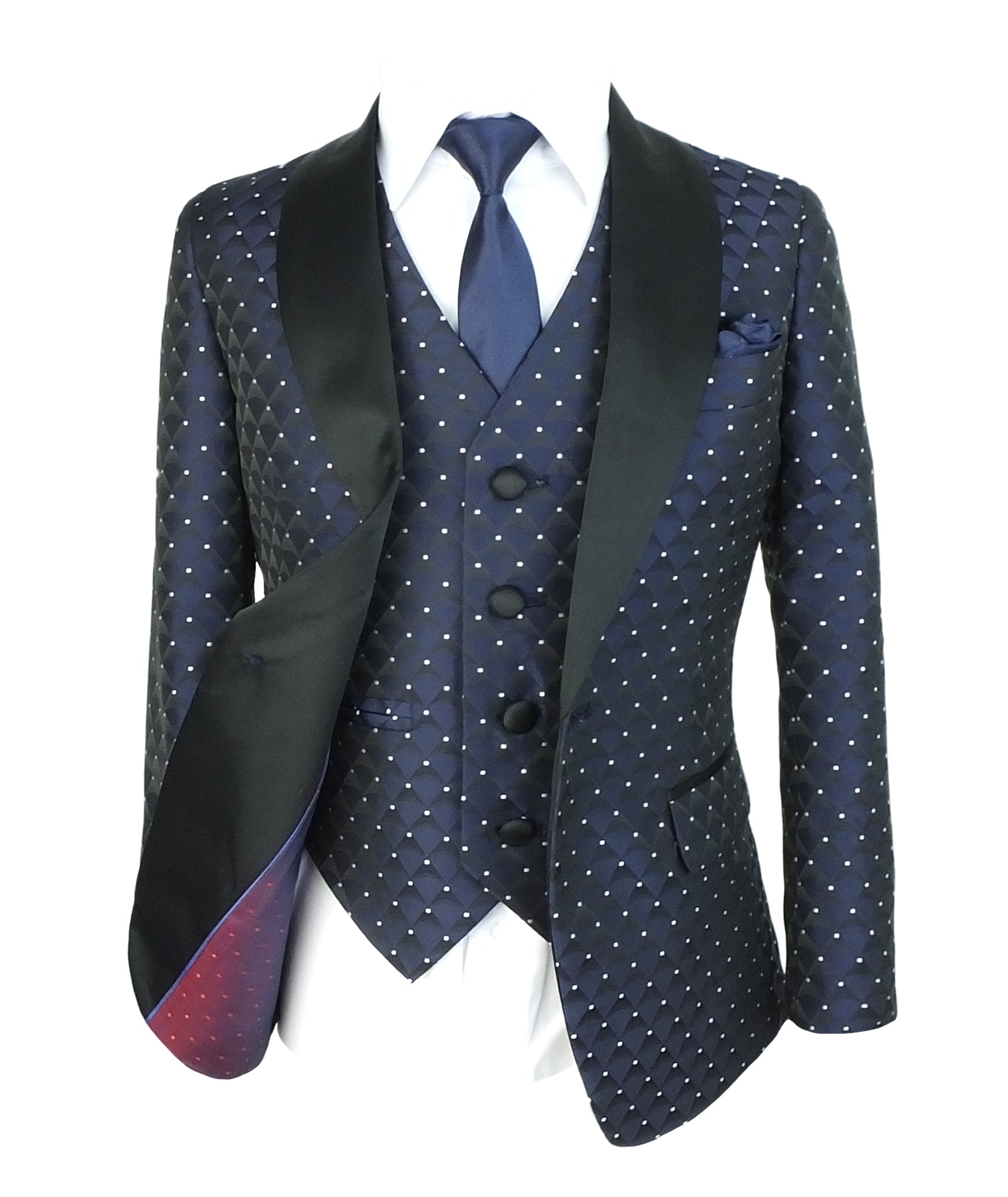 Boys Quilted Dotted Black Tuxedo Suit - Black