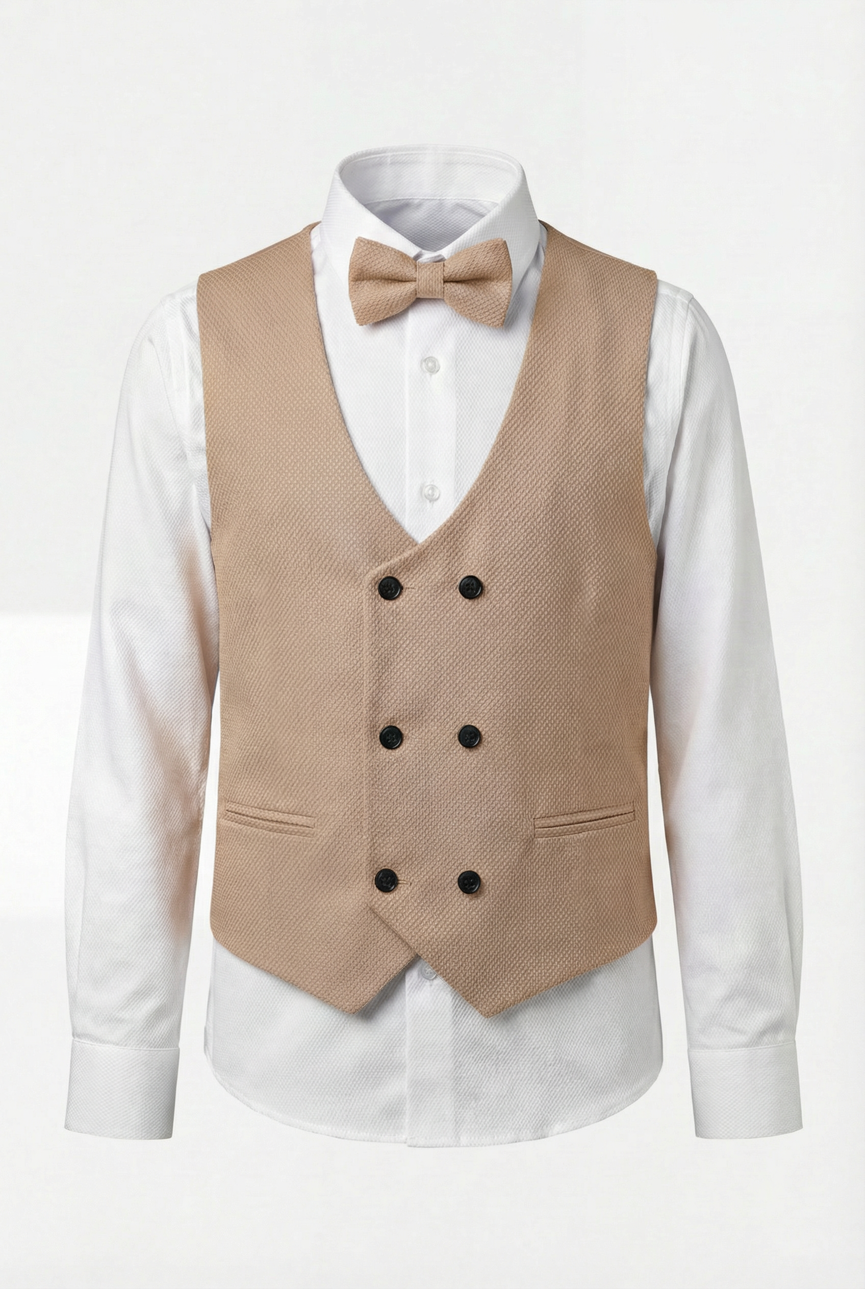 Boys 5-Piece Textured Weave Suit with Double Breasted Waistcoat - Cinnamon