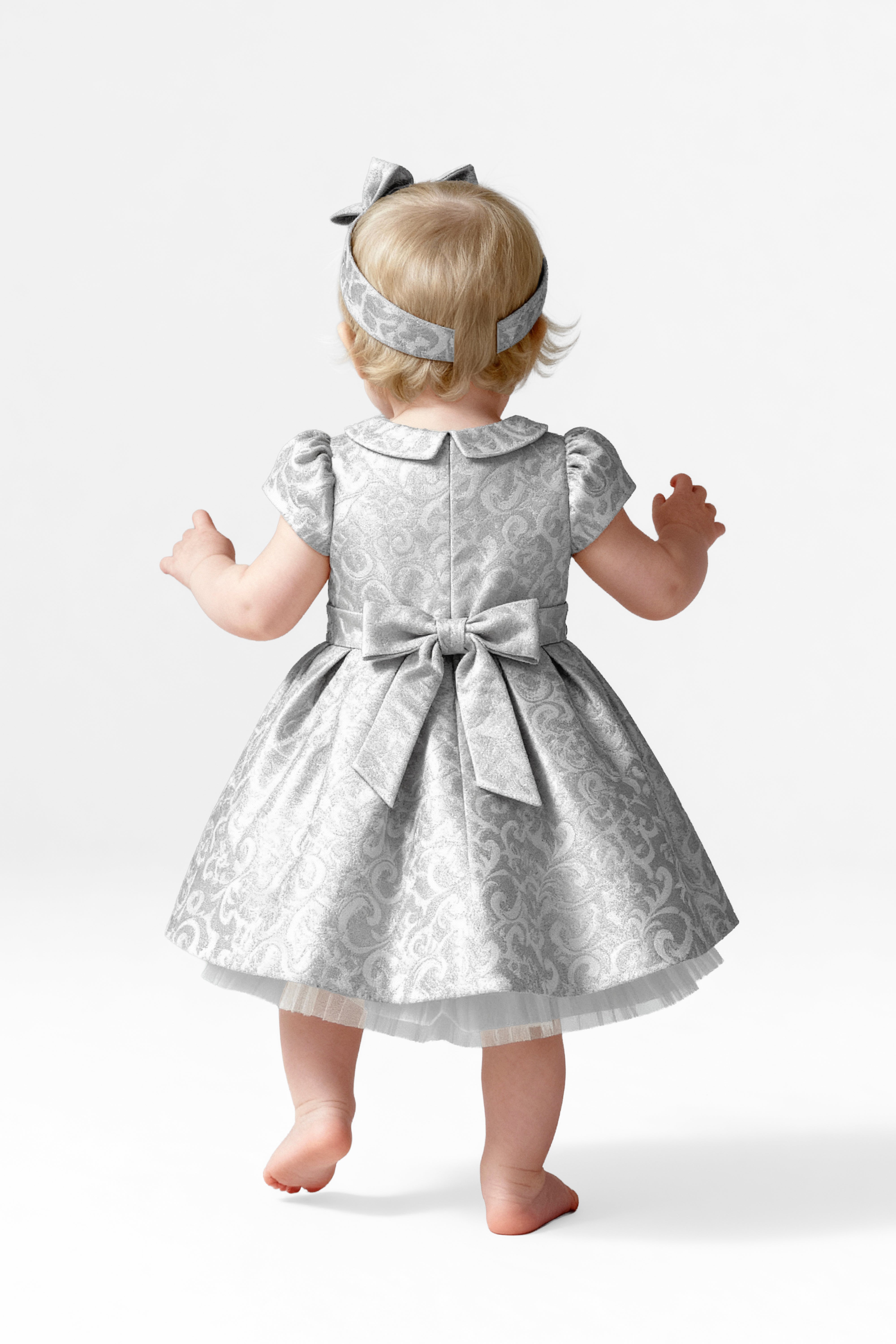  Babies & Girls Peter Pan Collar Brocade Dress - Silver Back Picture