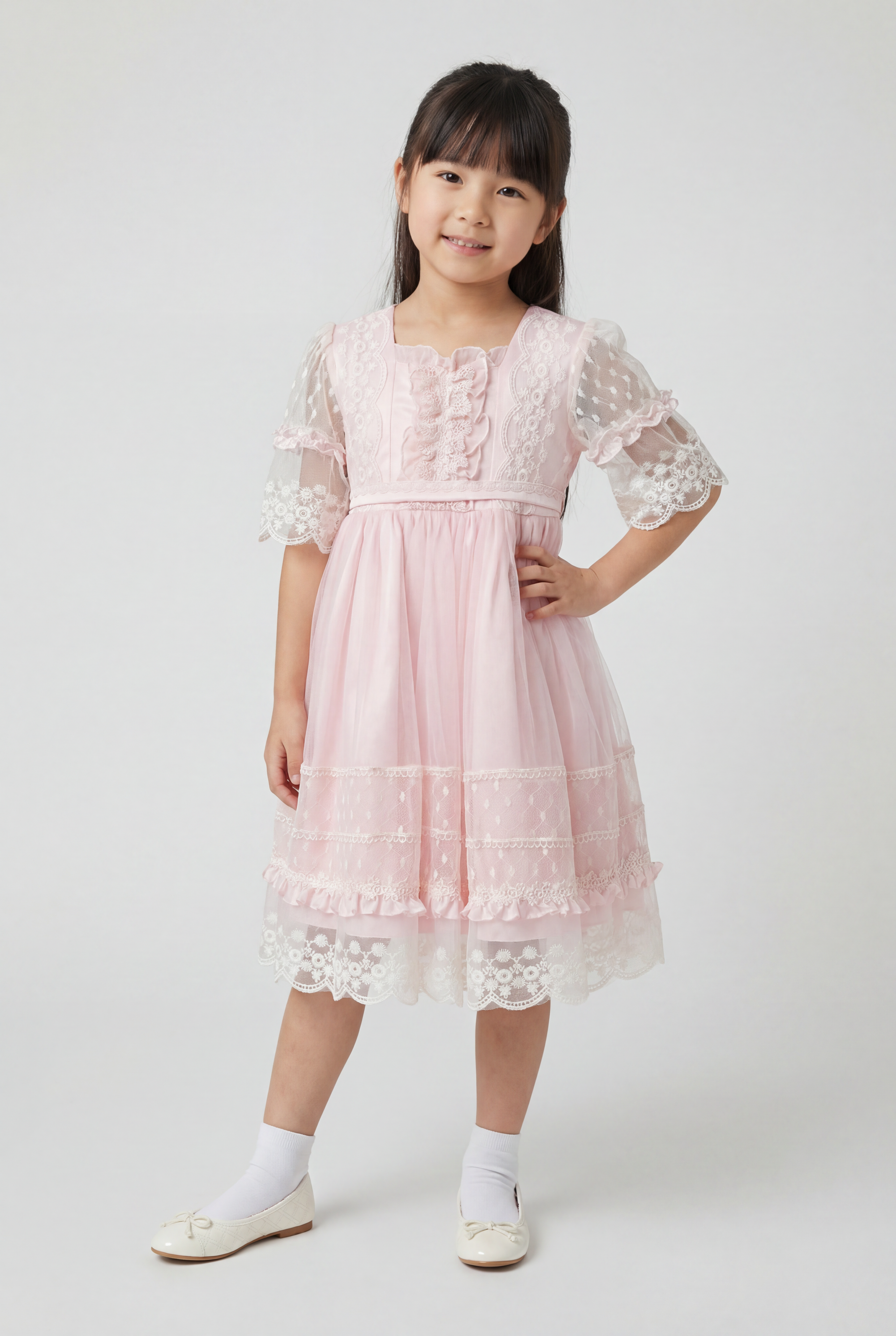 Babies & Girls Pink Lace Trim Dress Sheer Sleeves | Sirri