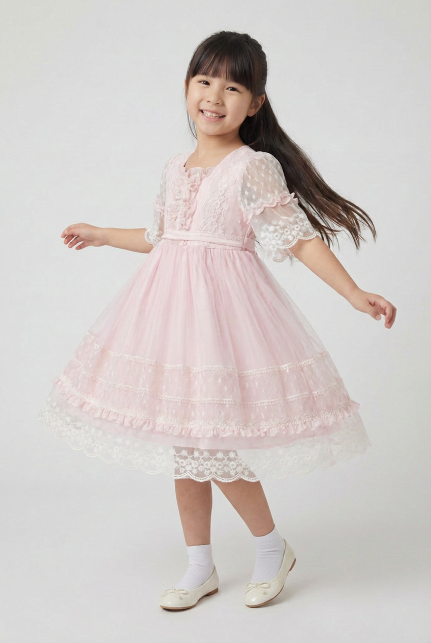 Babies & Girls Pink Lace Trim Dress with Sheer Embroidered Sleeves