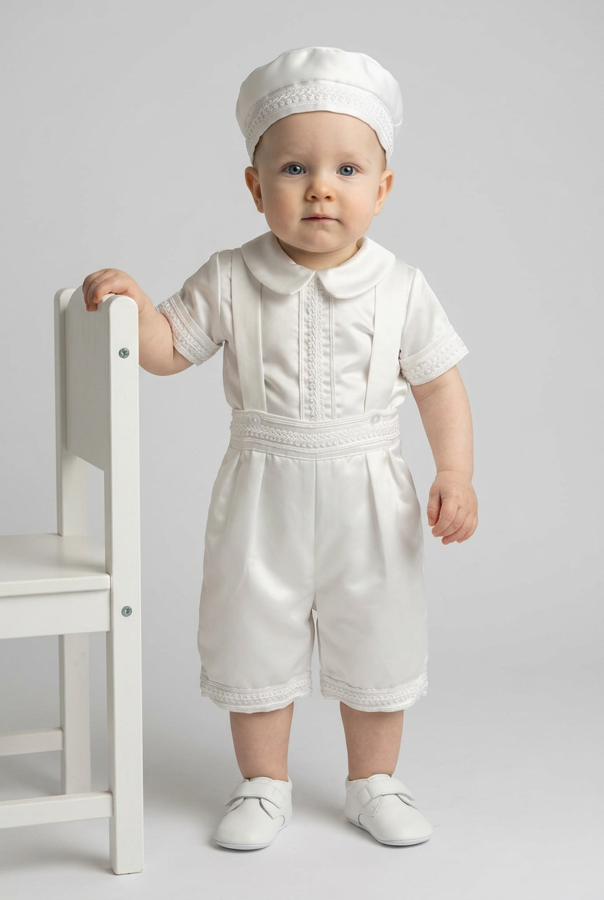Baby Boys 3-Piece Christening Set with Cap - Off White