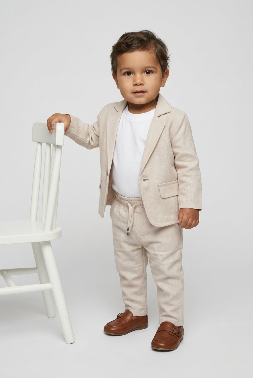 Baby Boys 3-Piece Slim Fit Textured Suit with T-Shirt – BASAK - Beige