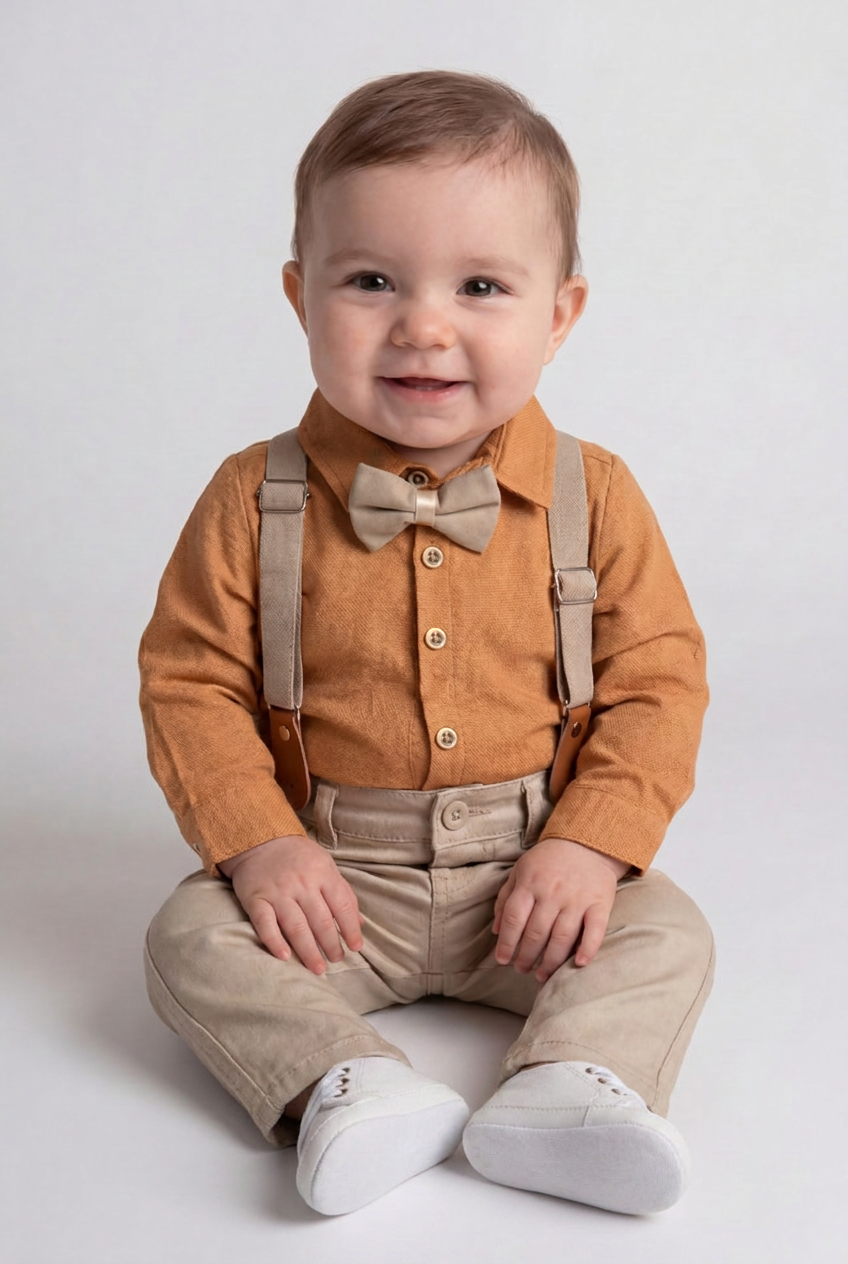 Baby Boys 4-Piece Cotton Gentleman Outfit Set - Cinnamon & Beige Modle Picture