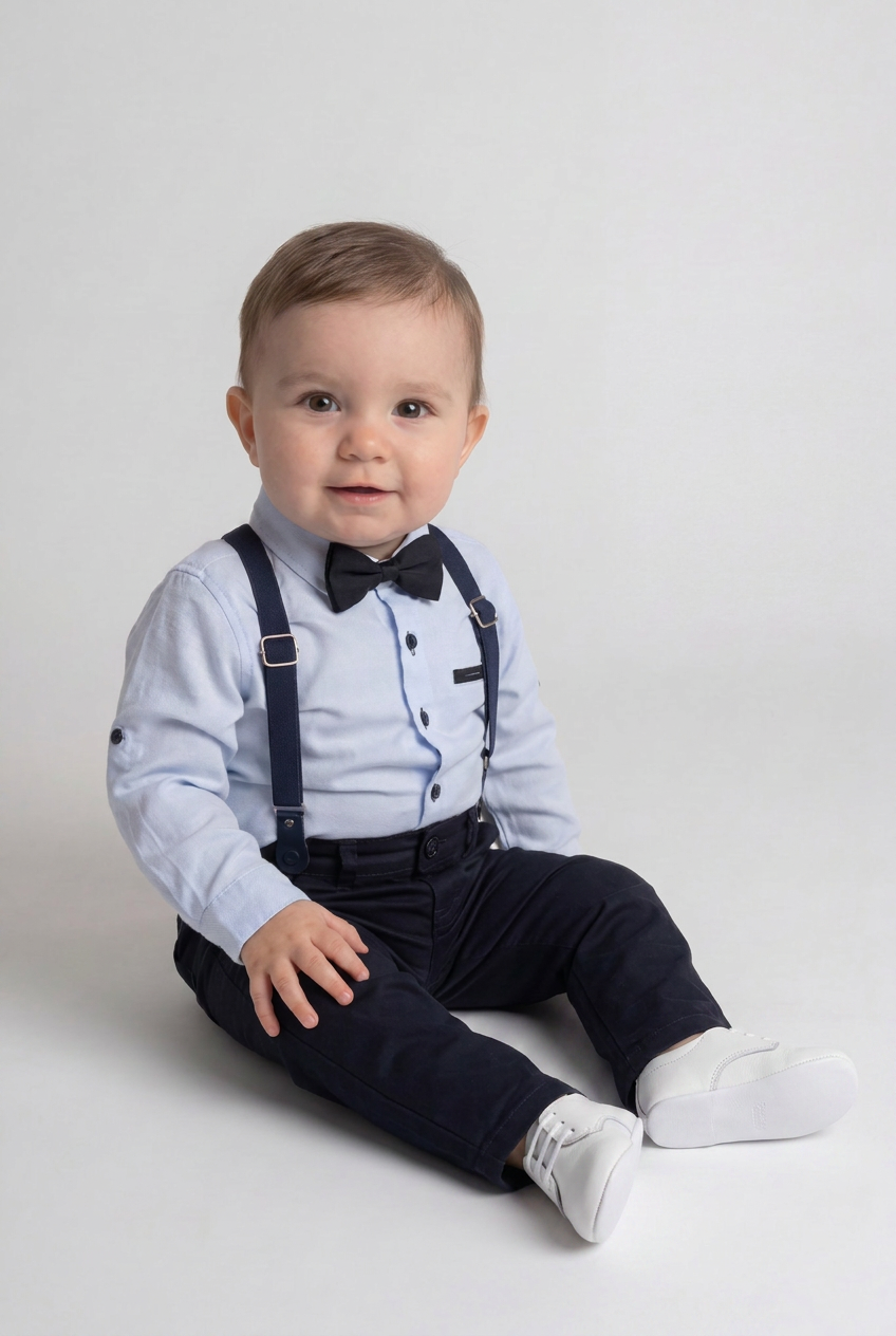 Baby Boys 4-Piece Cotton Gentleman Outfit Set - Light Blue & Navy Blue Modle Picture