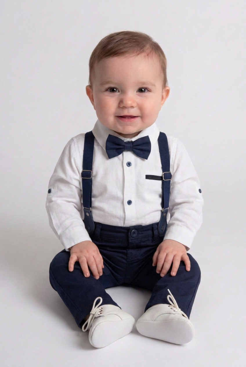 Baby Boys 4-Piece Cotton Gentleman Outfit Set - White & Navy Blue