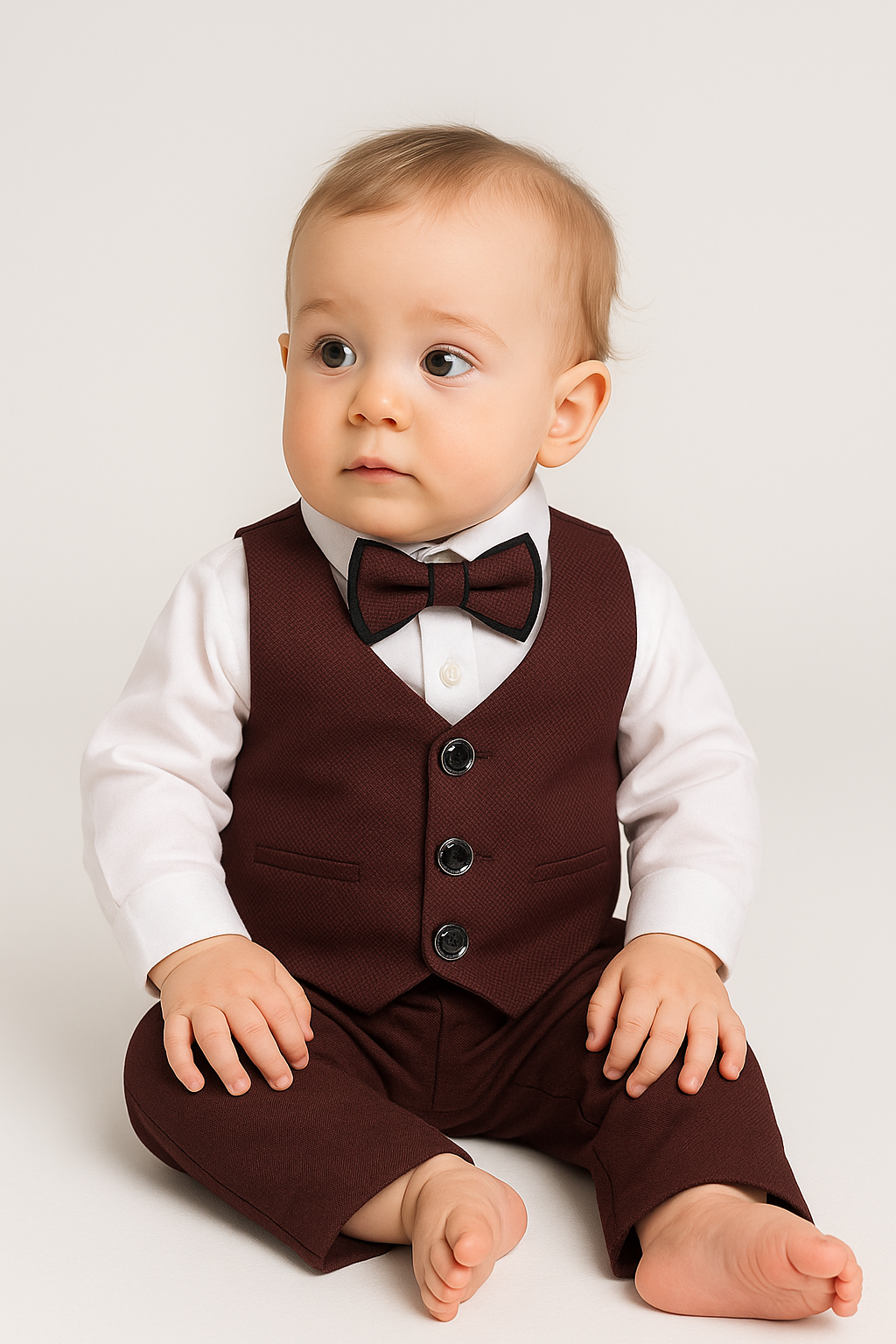 Baby Boys 4-Piece Cotton Waistcoat Suit Set - DAMATLIK - Burgundy Modle Picture
