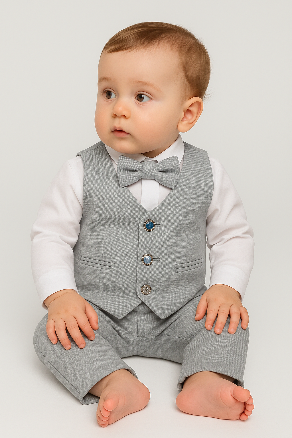 Baby Boys 4-Piece Cotton Waistcoat Suit Set - DAMATLIK - Grey Front Picture