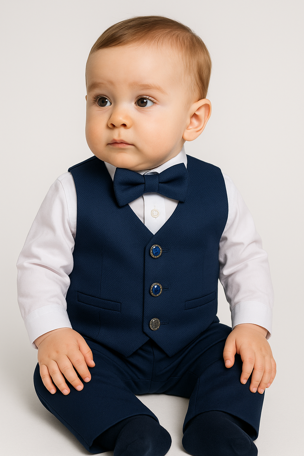 Baby Boys 4-Piece Cotton Waistcoat Suit Set - DAMATLIK - Navy Front Picture