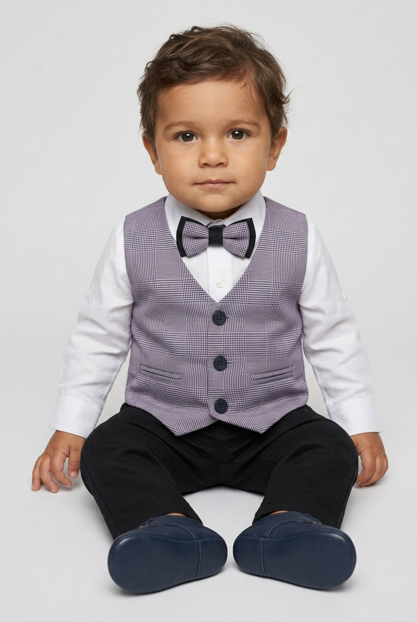 Baby Boys 4-Piece Textured Jacquard Waistcoat Suit - SPOR ZARGOS LILAC CHECK