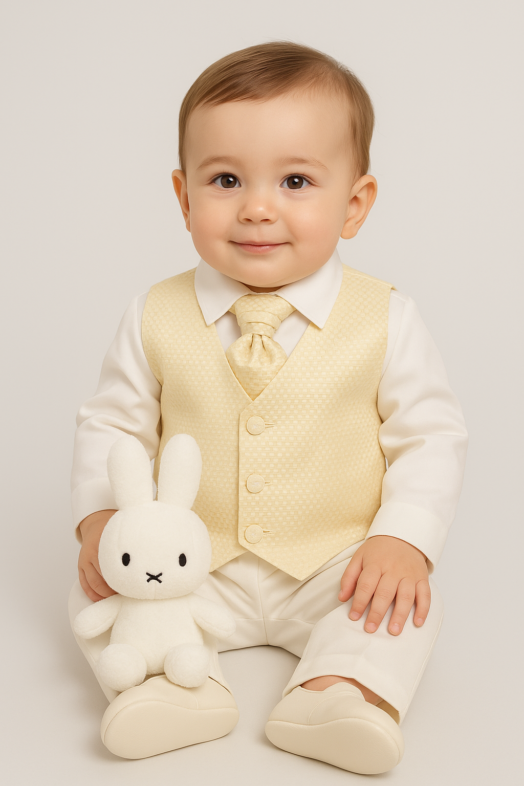 Baby Boys 4 Piece Gold Christening Suit With Gold Waistcoat - LEO Model Picture