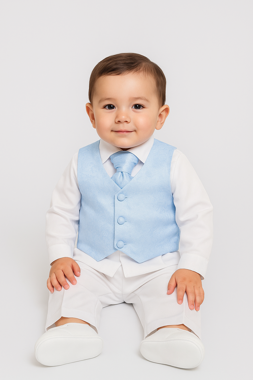 Baby Boys 4 Piece White Christening Suit With Blue Waistcoat - ROMEO Model Picture