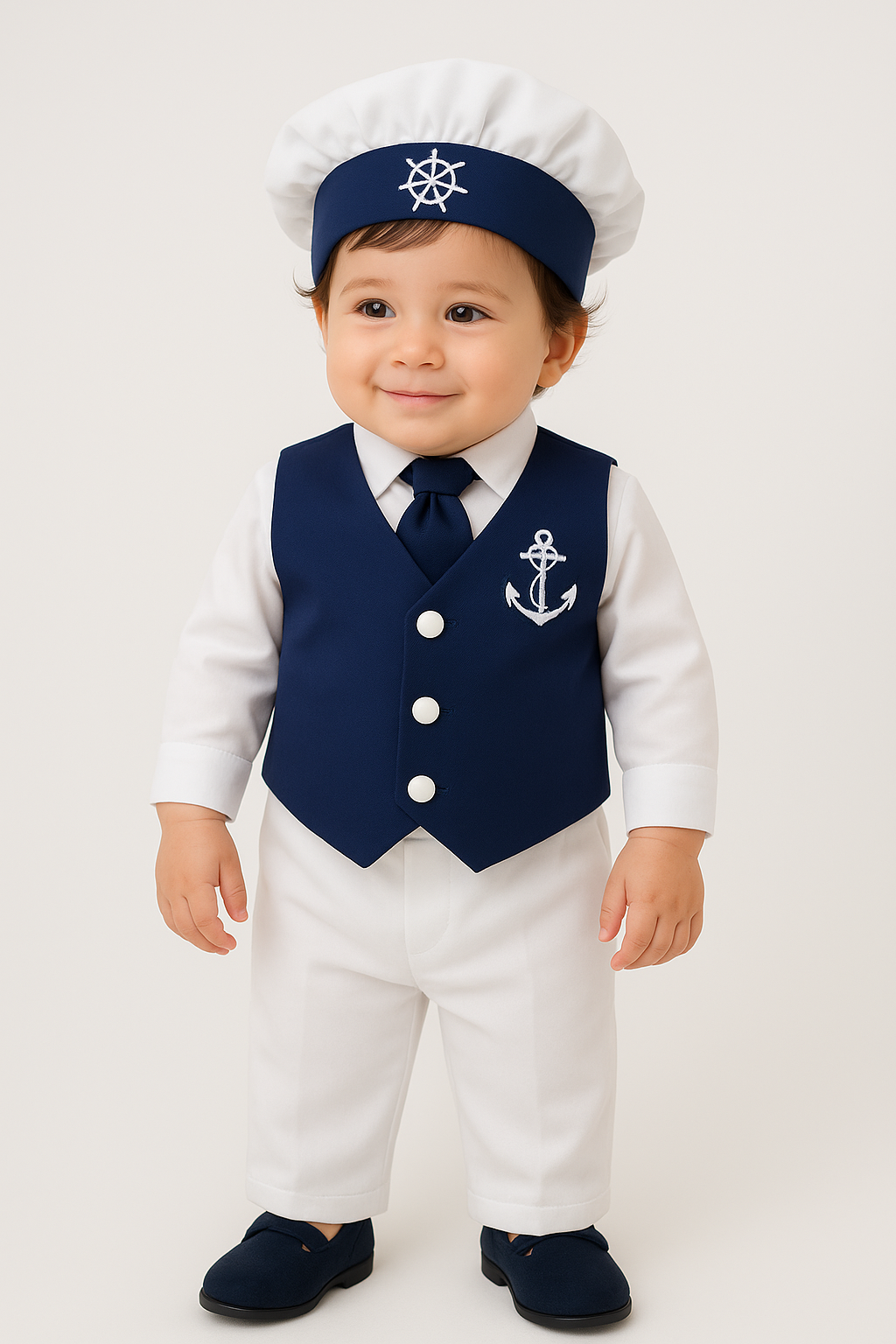 Baby Boys 5 Piece Sailor Christening Suit - NELSON - Navy Blue & White Modle Picture