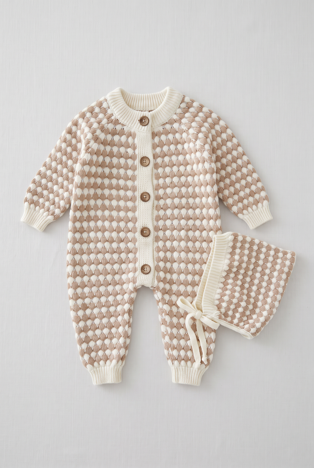Baby Boys Bubble Knit Romper & Bonnet 2-Piece Set - 26016  Brown
