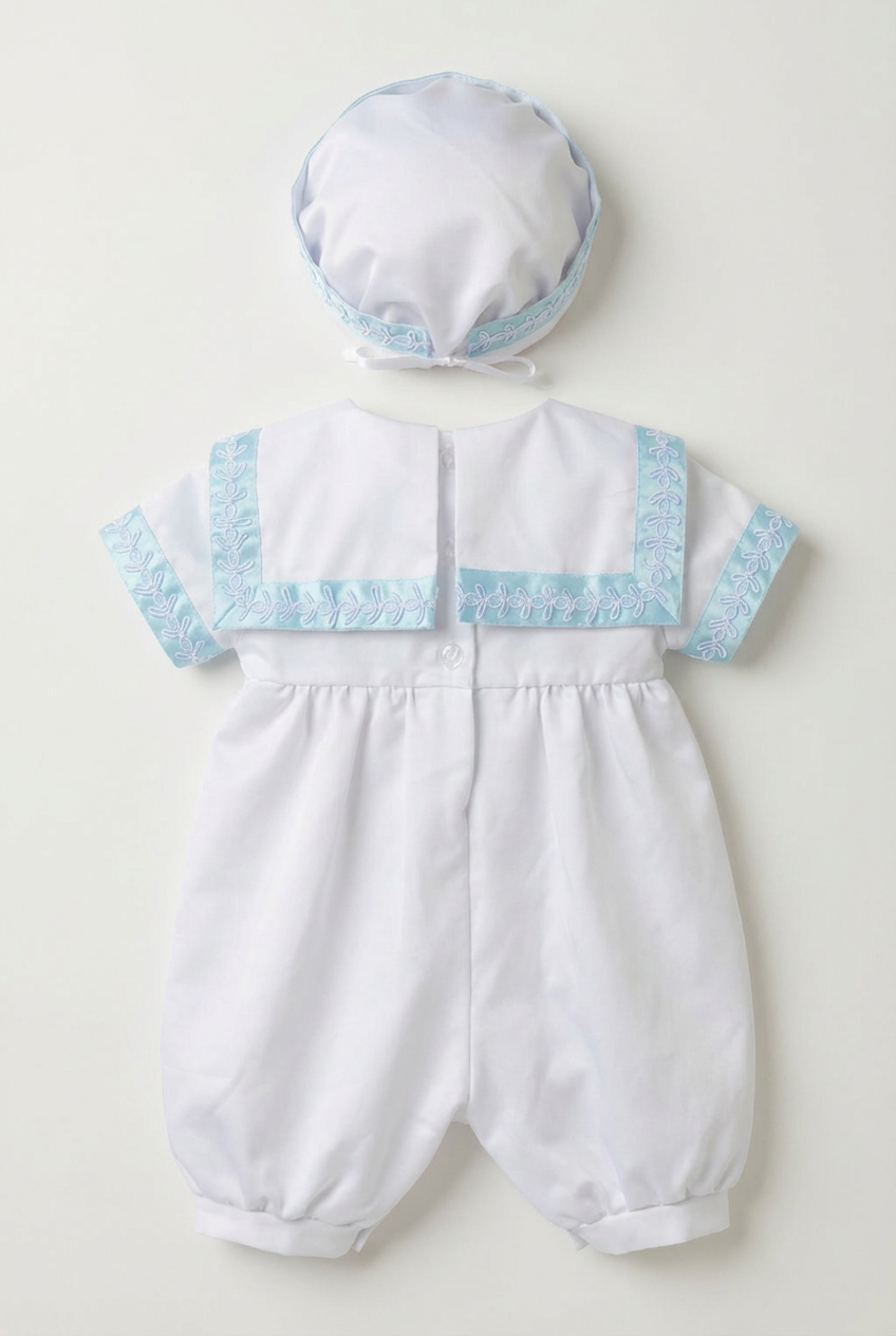 Baby Boys Christening Outfit Set with Sailor Collar & Matching Hat - Blue