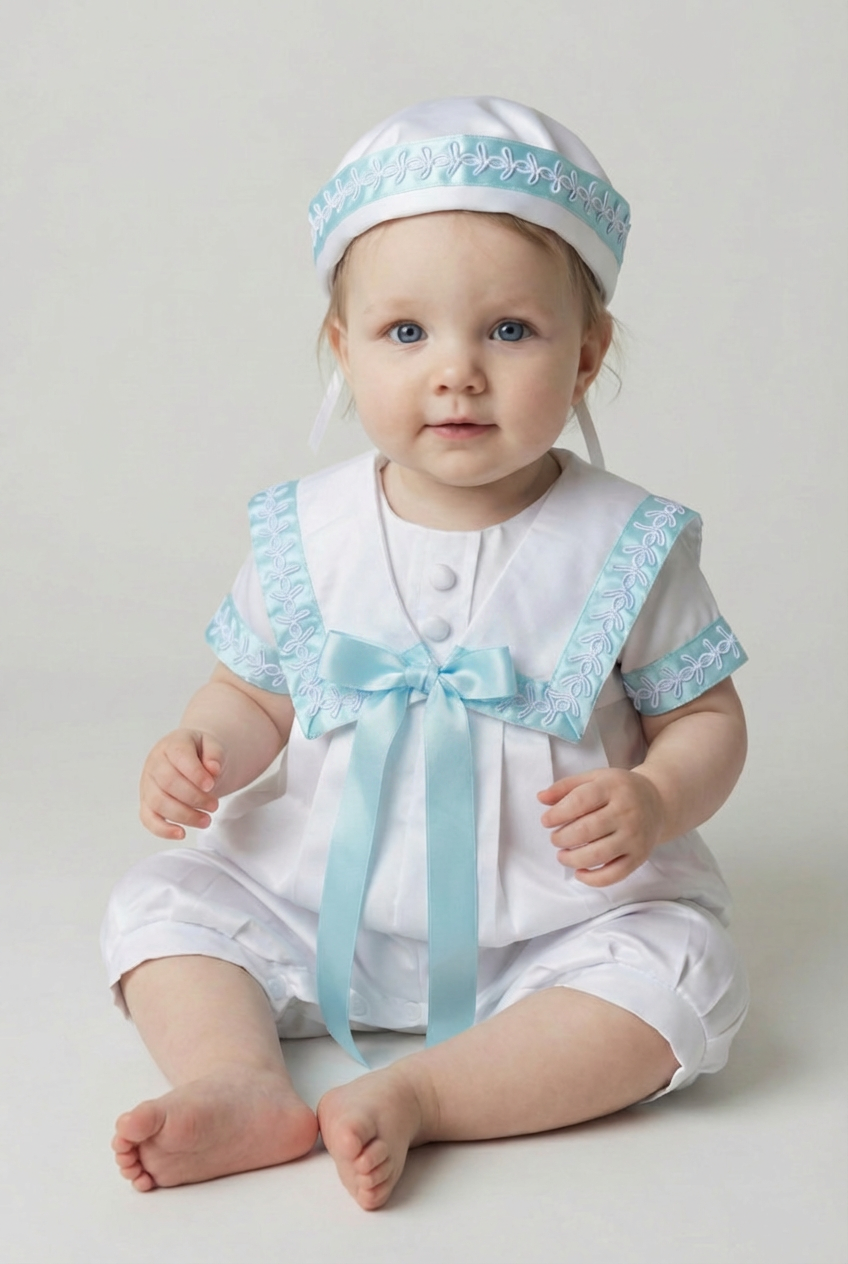 Baby Boys Christening Outfit Set with Sailor Collar & Matching Hat - Blue