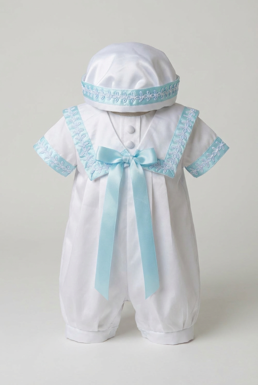 Baby Boys Christening Outfit Set with Sailor Collar & Matching Hat - Blue