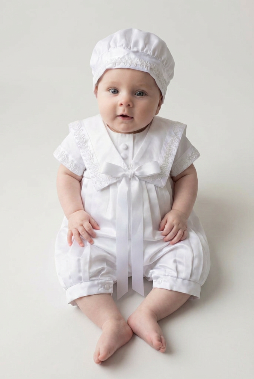 Baby Boys Christening Outfit Set with Sailor Collar & Matching Hat - White