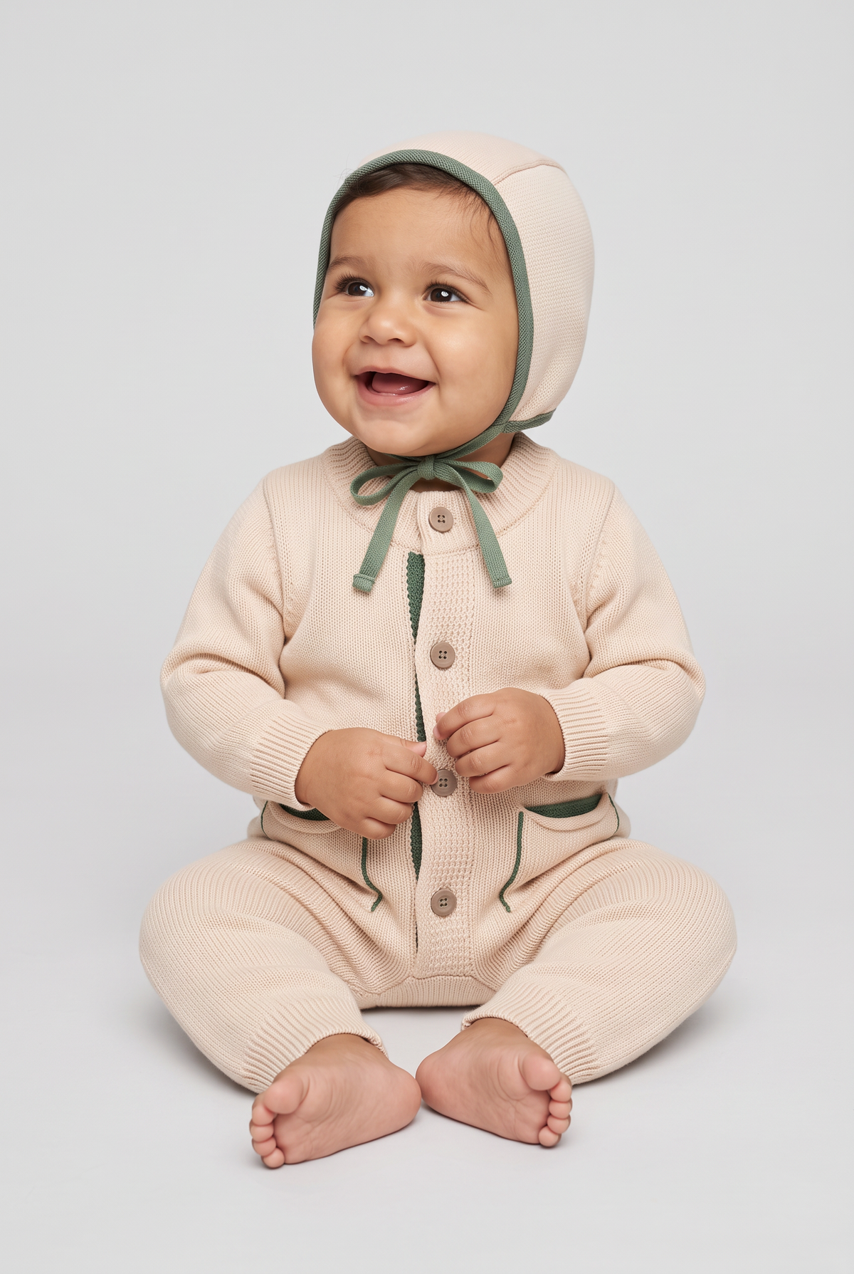 Baby Boys Dinosaur Knitted Romper & Bonnet 2-Piece Set - 26061 Ivory Baby Picture