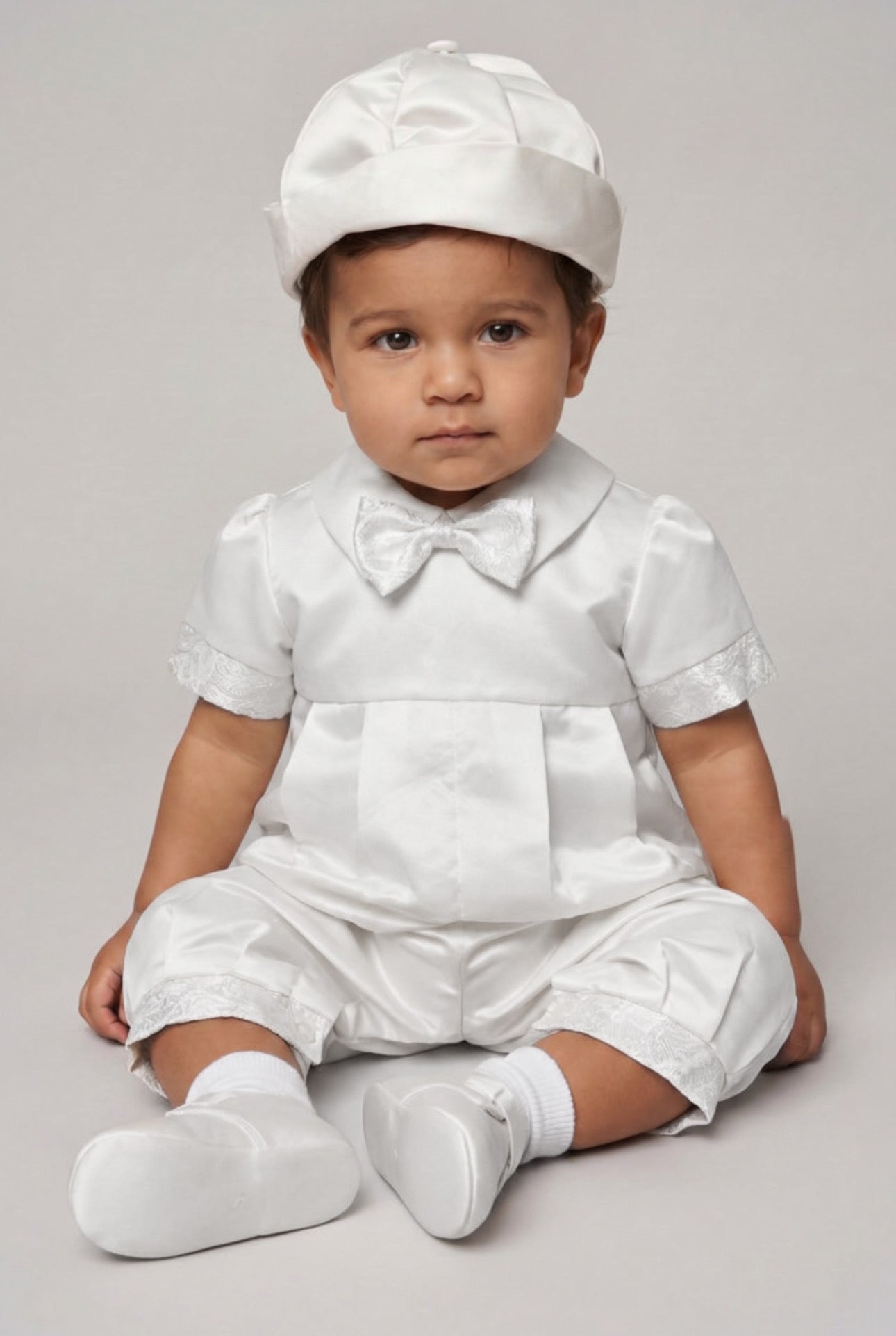 Baby Boys Ivory Christening Romper Set with Jacquard Waistcoat & Hat