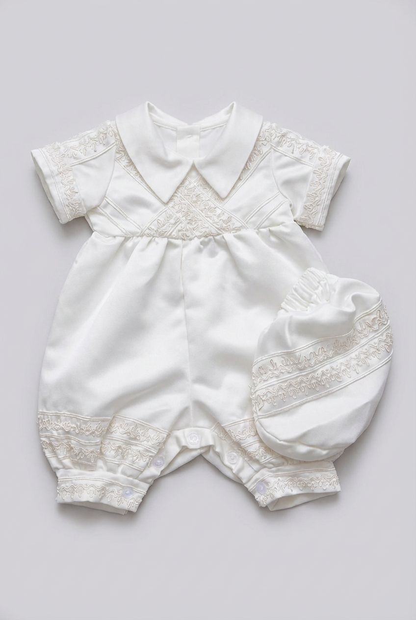 Baby Boys Ivory Christening Satin Romper Set & Matching Hat
