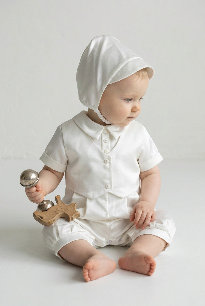 Baby Boys Ivory Satin Christening Romper & Matching Bonnet Set