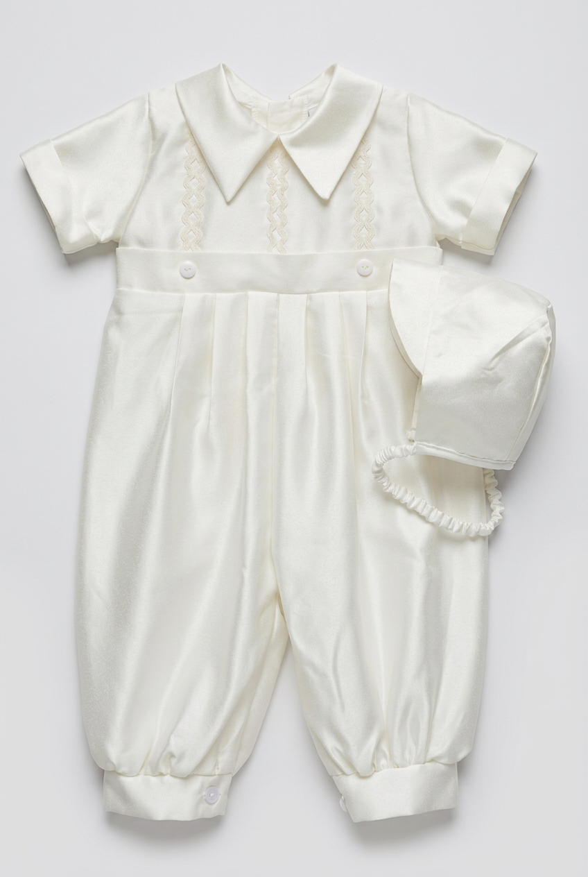 Baby Boys Ivory Satin Long-Leg Christening Romper & Matching Bonnet Set