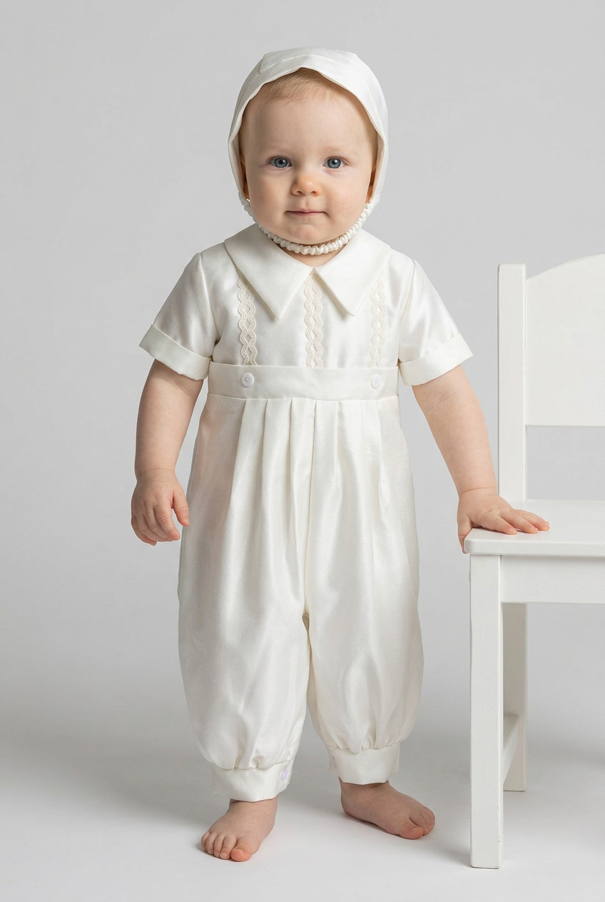 Baby Boys Ivory Satin Long-Leg Christening Romper & Matching Bonnet Set