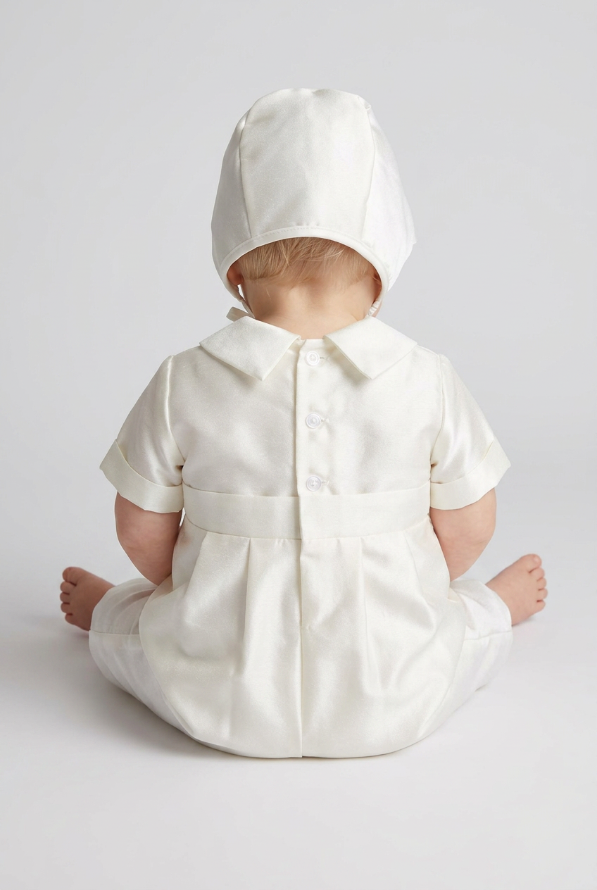 Baby Boys Ivory Satin Long-Leg Christening Romper & Matching Bonnet Set