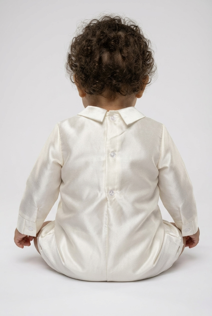 Baby Boys Ivory Satin Textured Waistcoat Christening Romper & Matching Bonnet Set