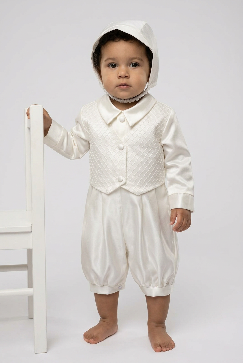 Baby Boys Ivory Satin Textured Waistcoat Christening Romper & Matching Bonnet Set