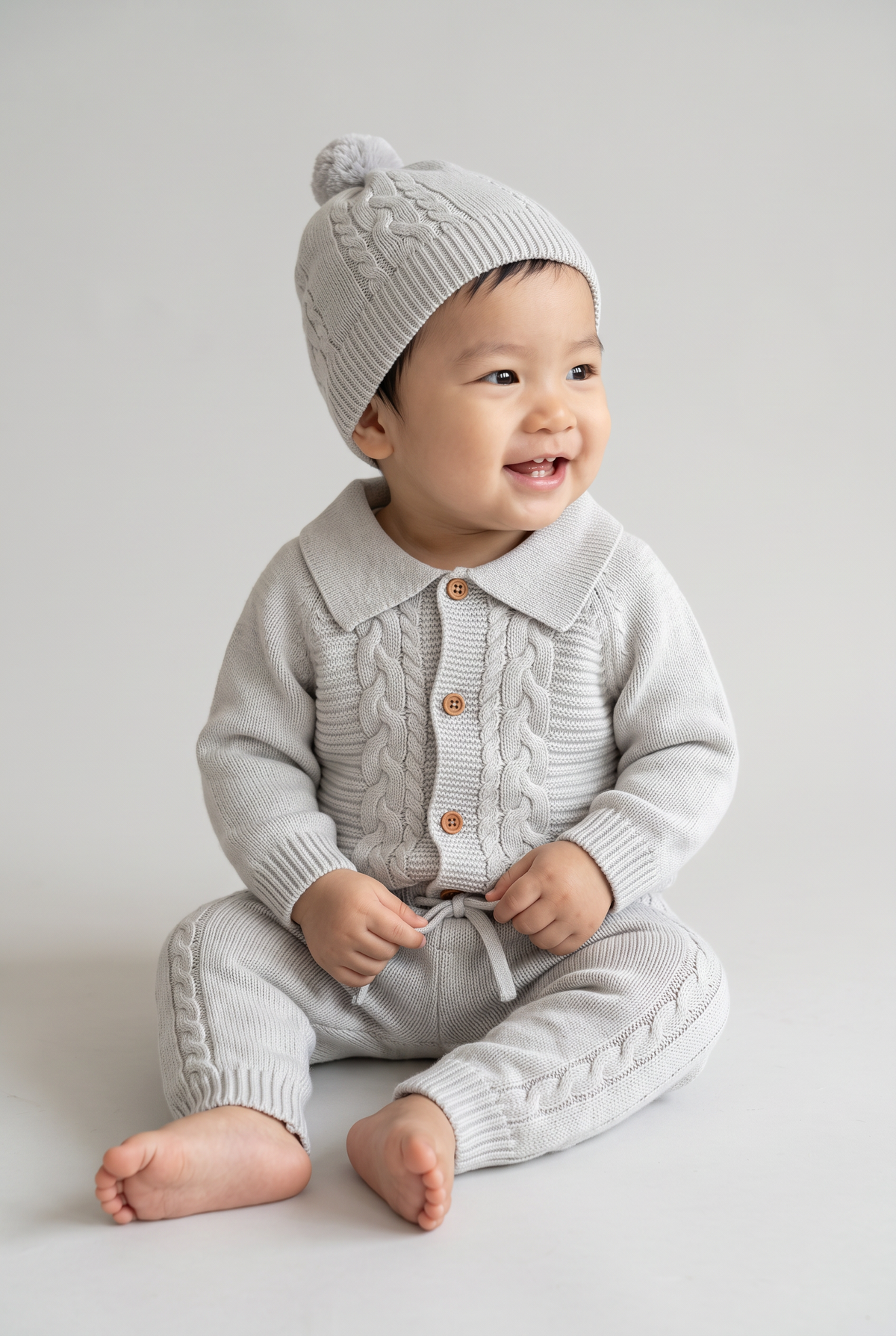 Baby Boys Knitted Cardigan Joggers & Hat 3-Piece Set - 26035 Grey Model  Picture