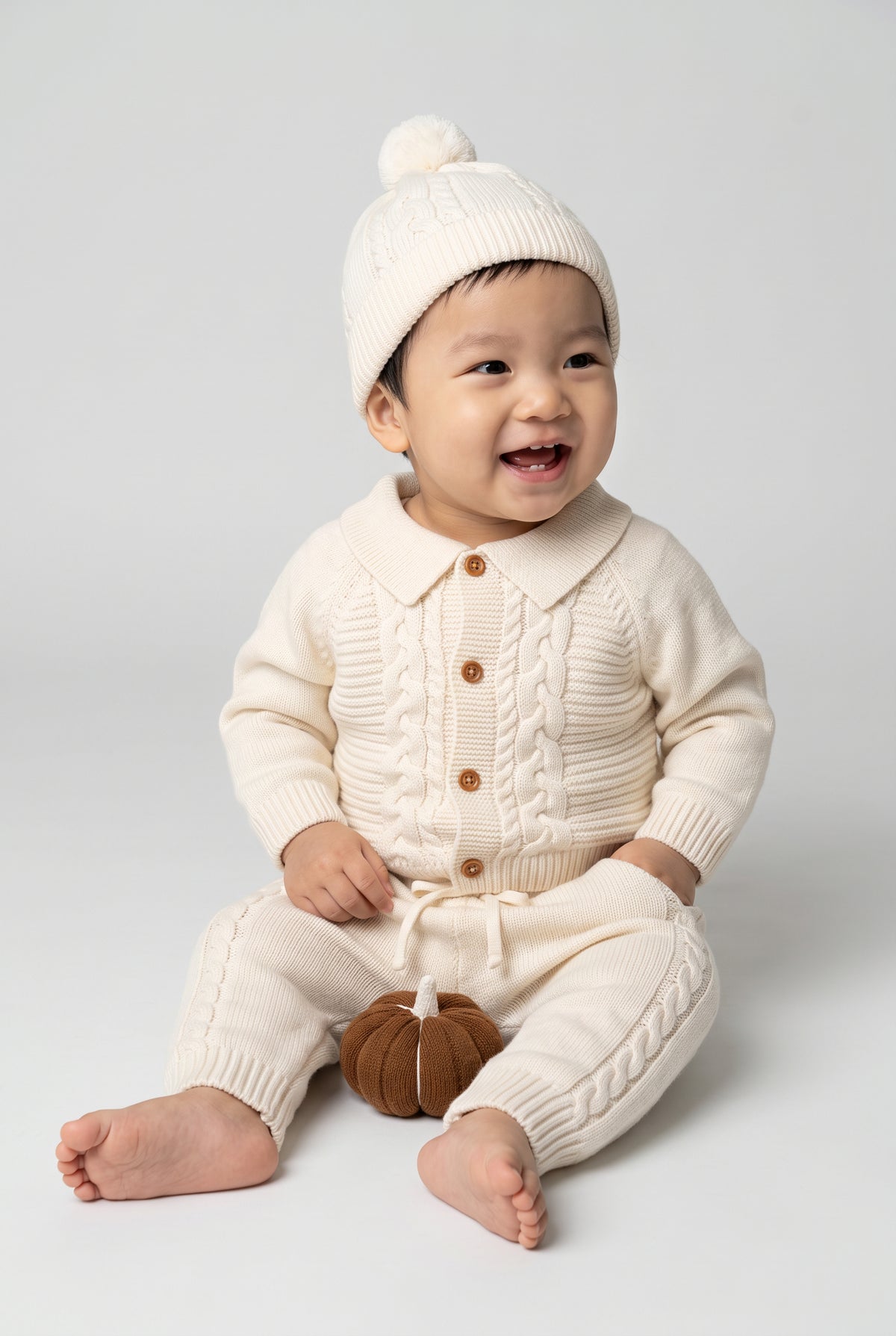 Baby Boys Knitted Cardigan Joggers & Hat 3-Piece Set - 26035 Ivory Model Picture