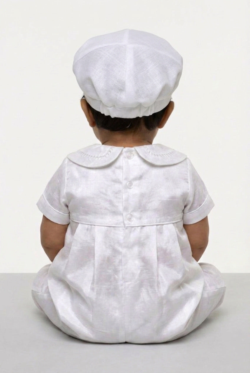 Baby Boys White Christening Satin Romper Set with Peter Pan Collar Back picture