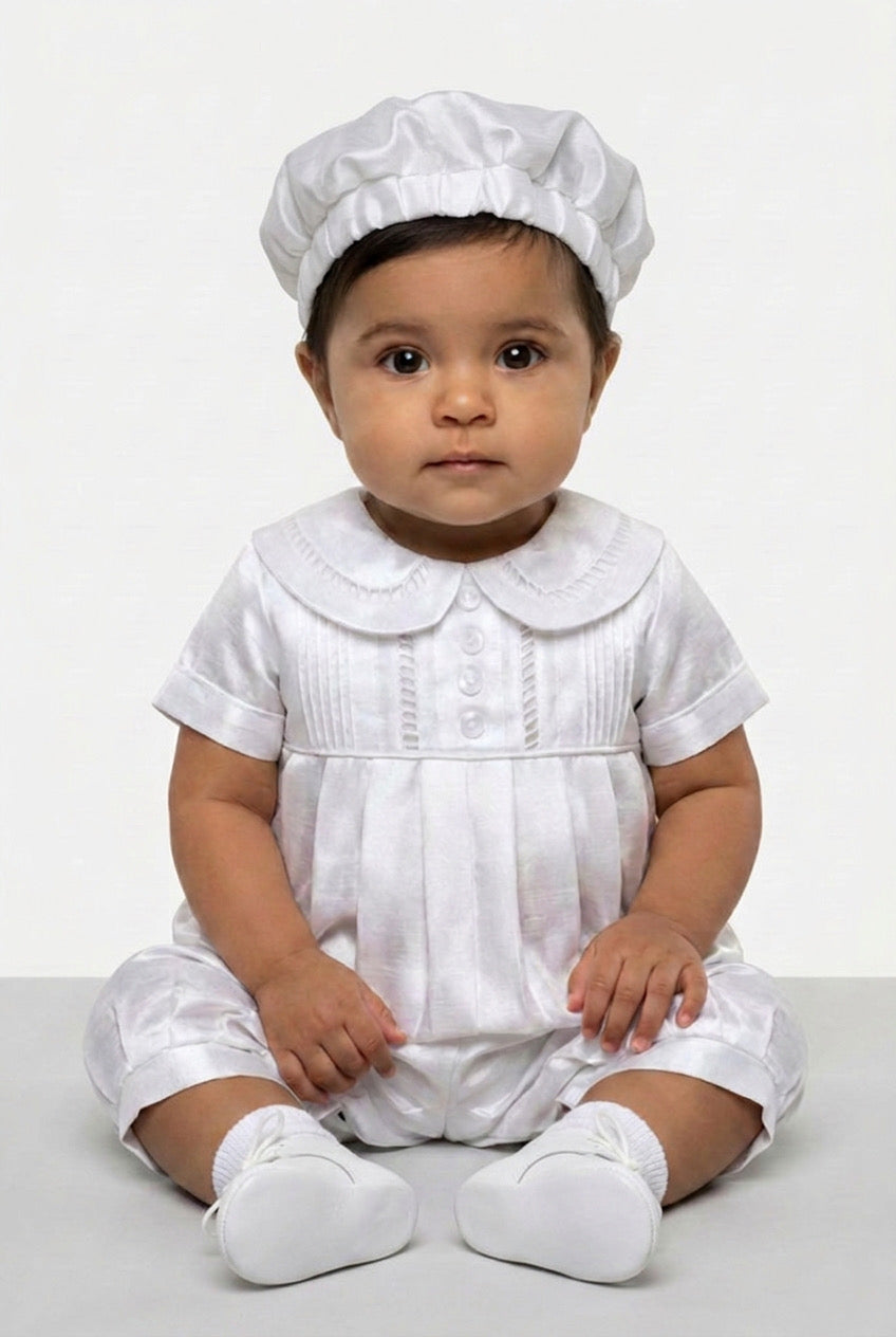 Baby Boys White Christening Satin Romper Set with Peter Pan Collar