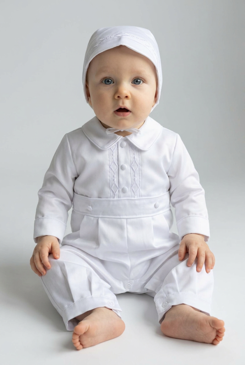 Baby Boys White Embroidered Christening Romper & Matching Bonnet Set