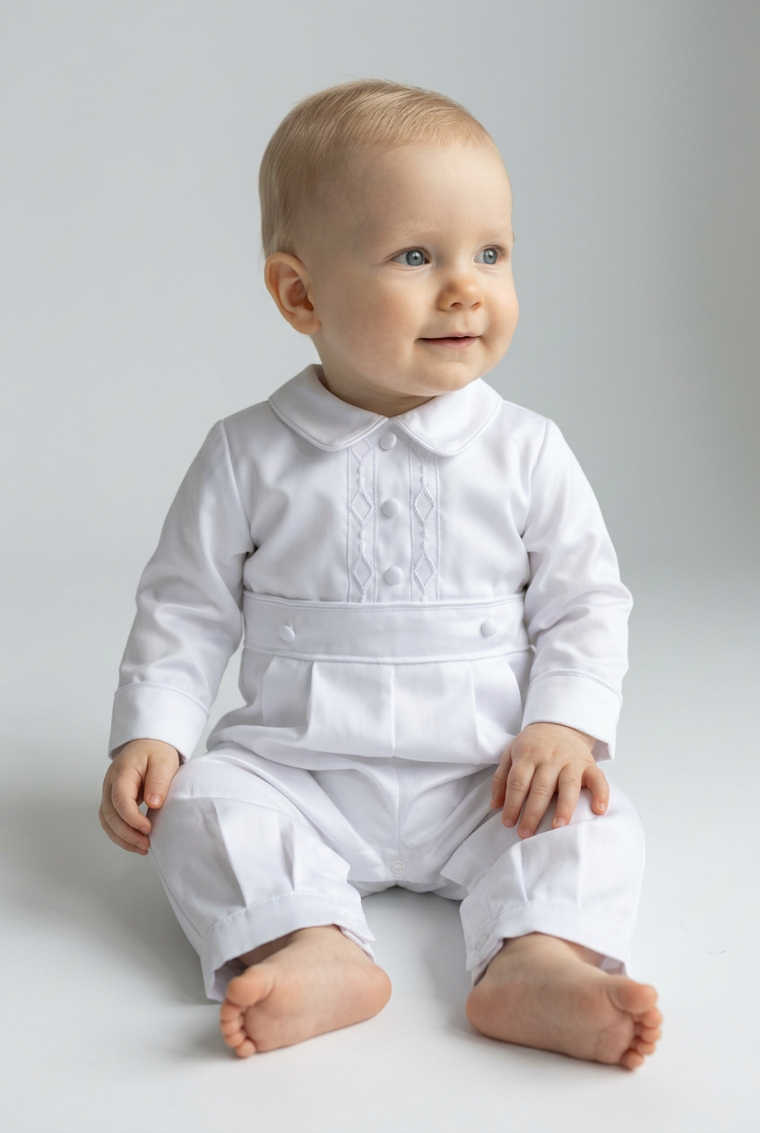 Baby Boys White Embroidered Christening Romper & Matching Bonnet Set