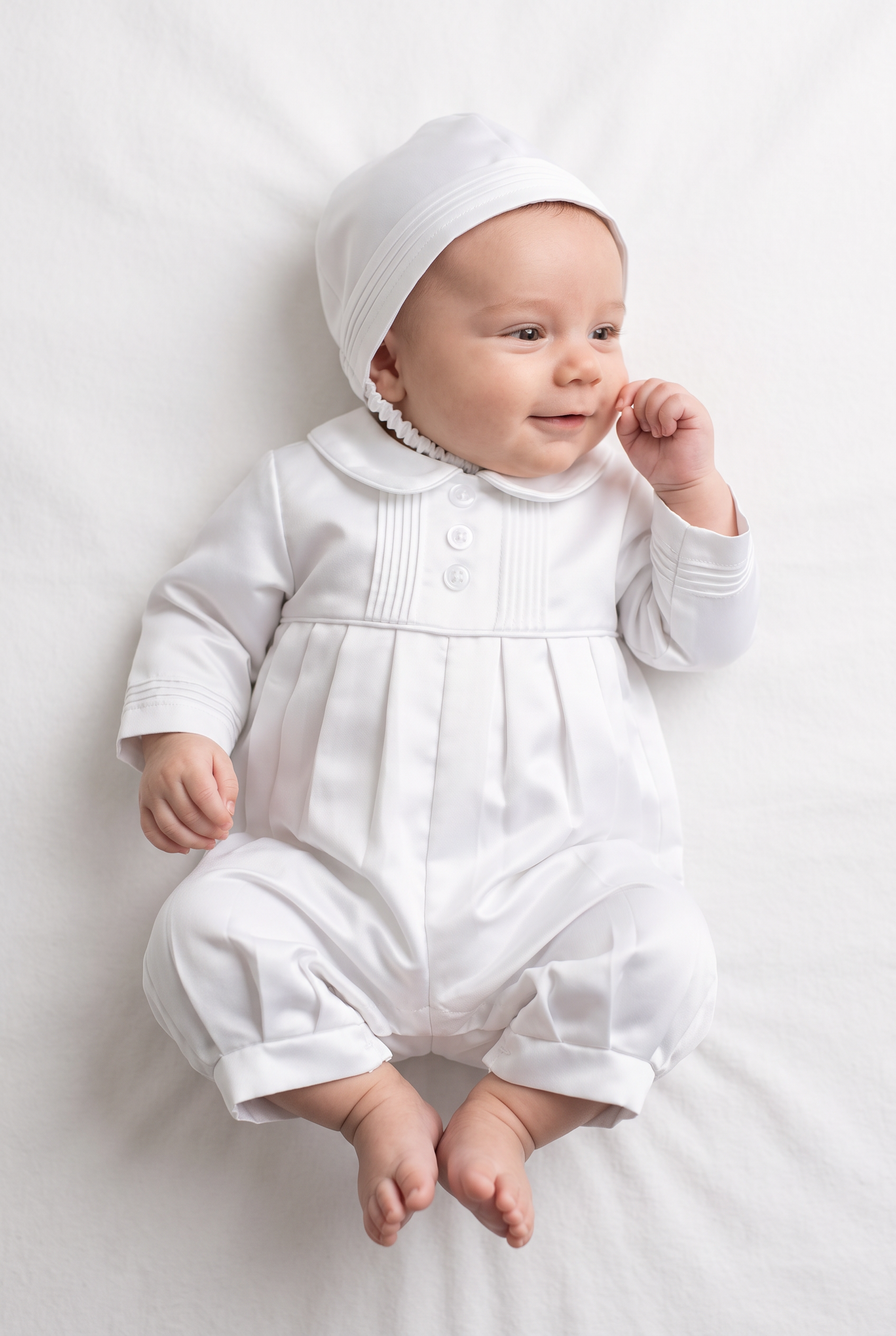 Baby Boys White Satin Christening Romper & Matching Bonnet Set