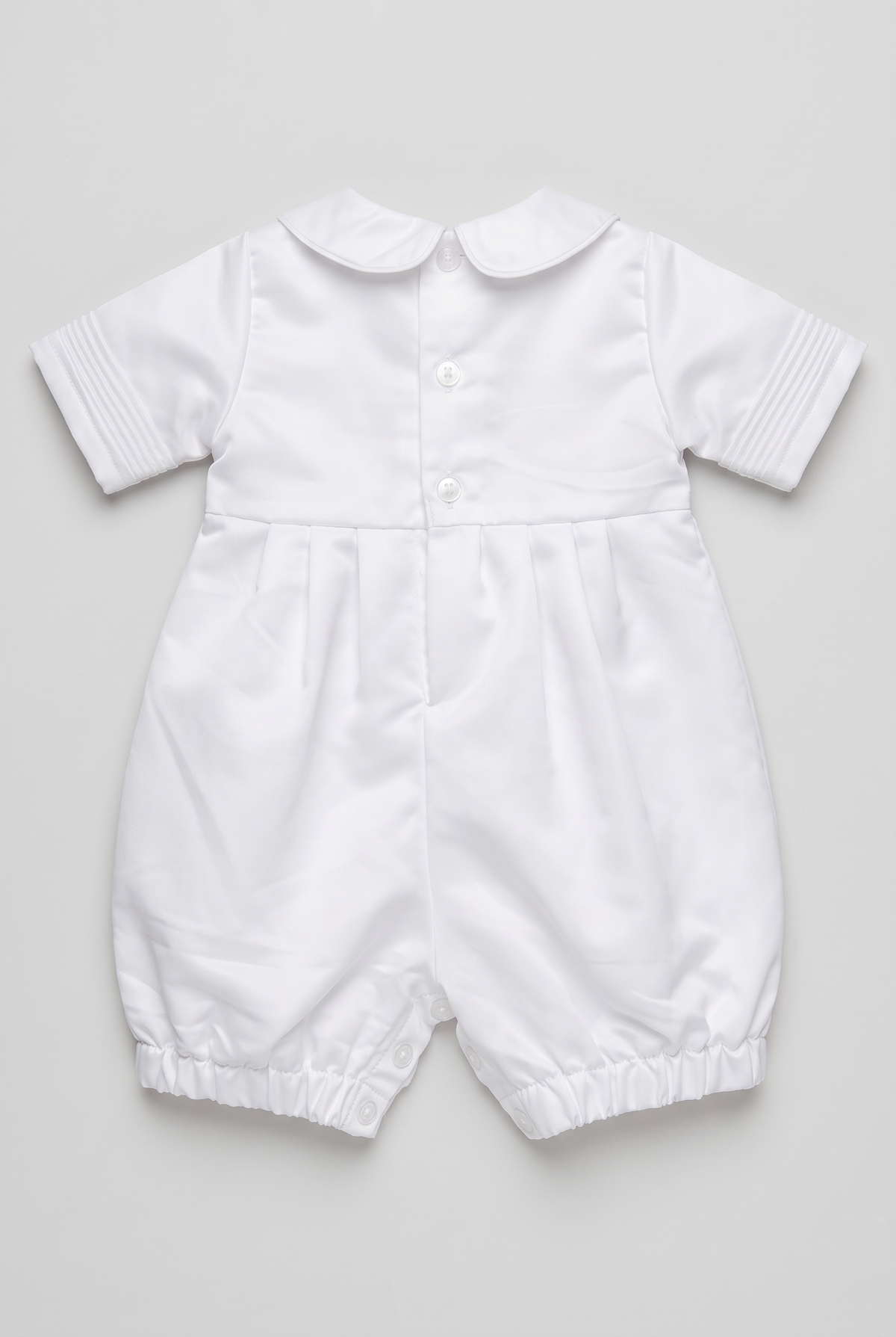 Baby Boys White Satin Christening Romper & Matching Bonnet Set Back Picture