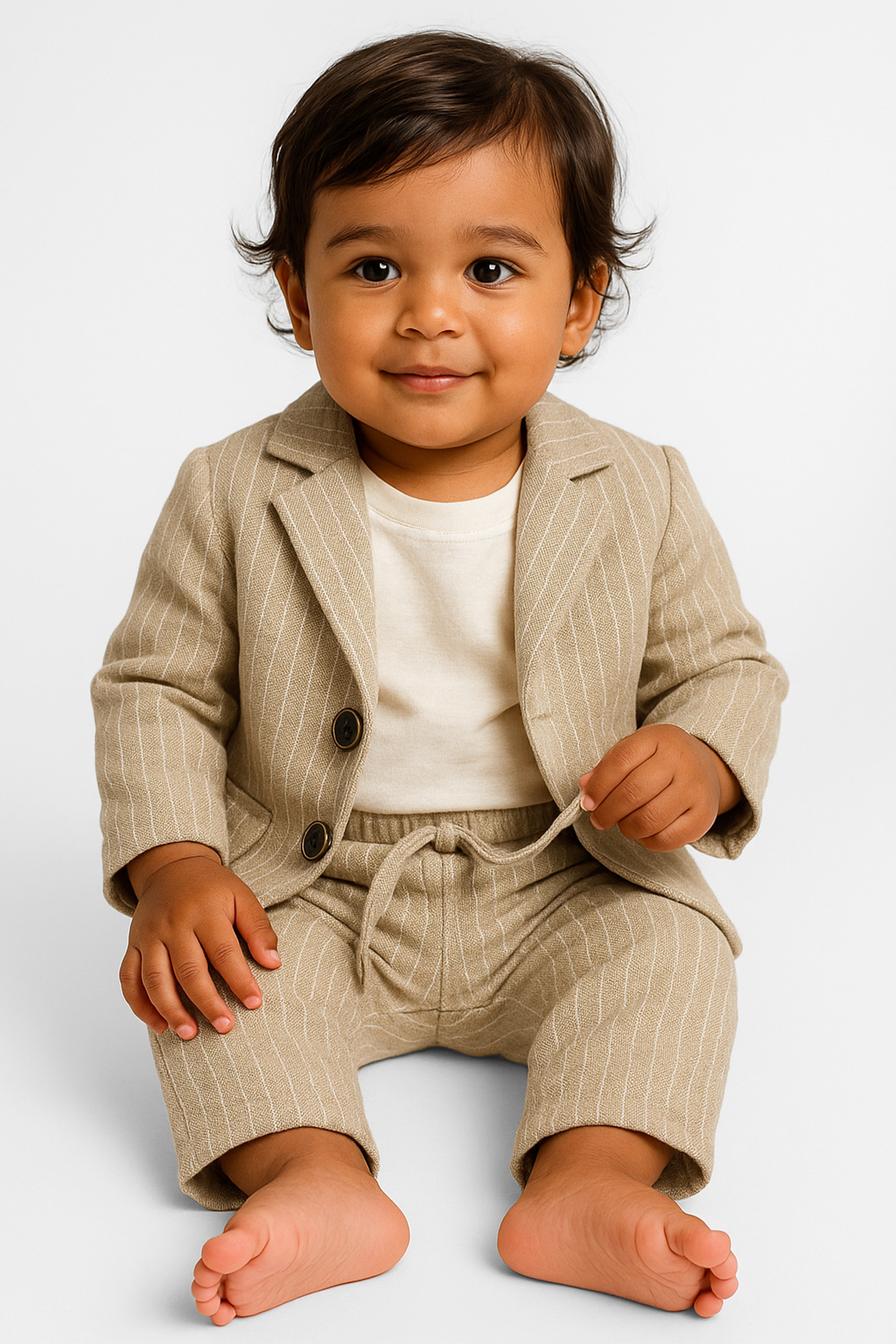 Baby Boys’ Cotton-Linen 3-Piece Pinstripe Suit - SALAS - Beige