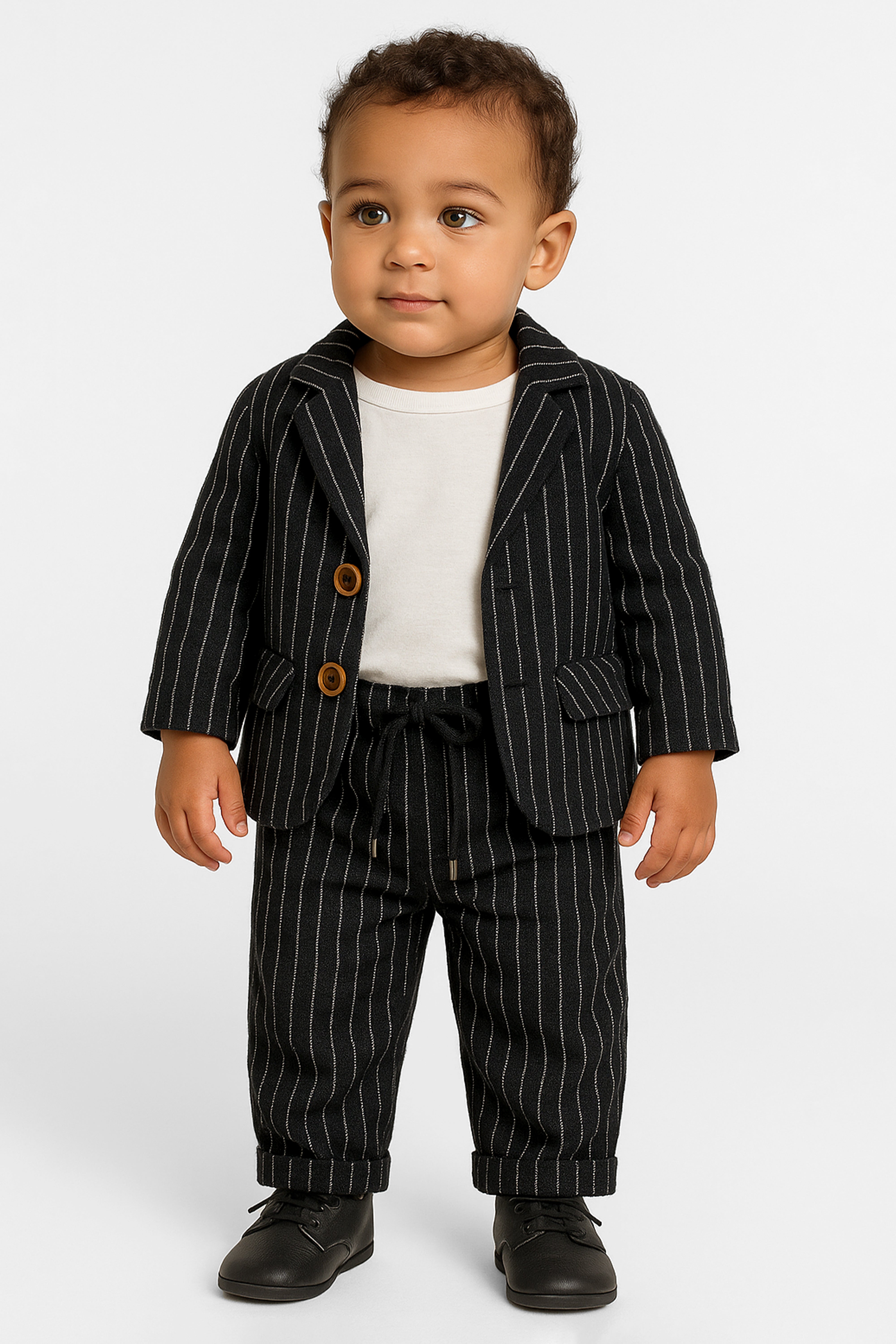 Baby Boys’ Cotton-Linen 3-Piece Pinstripe Suit - SALAS - Black Front Picture