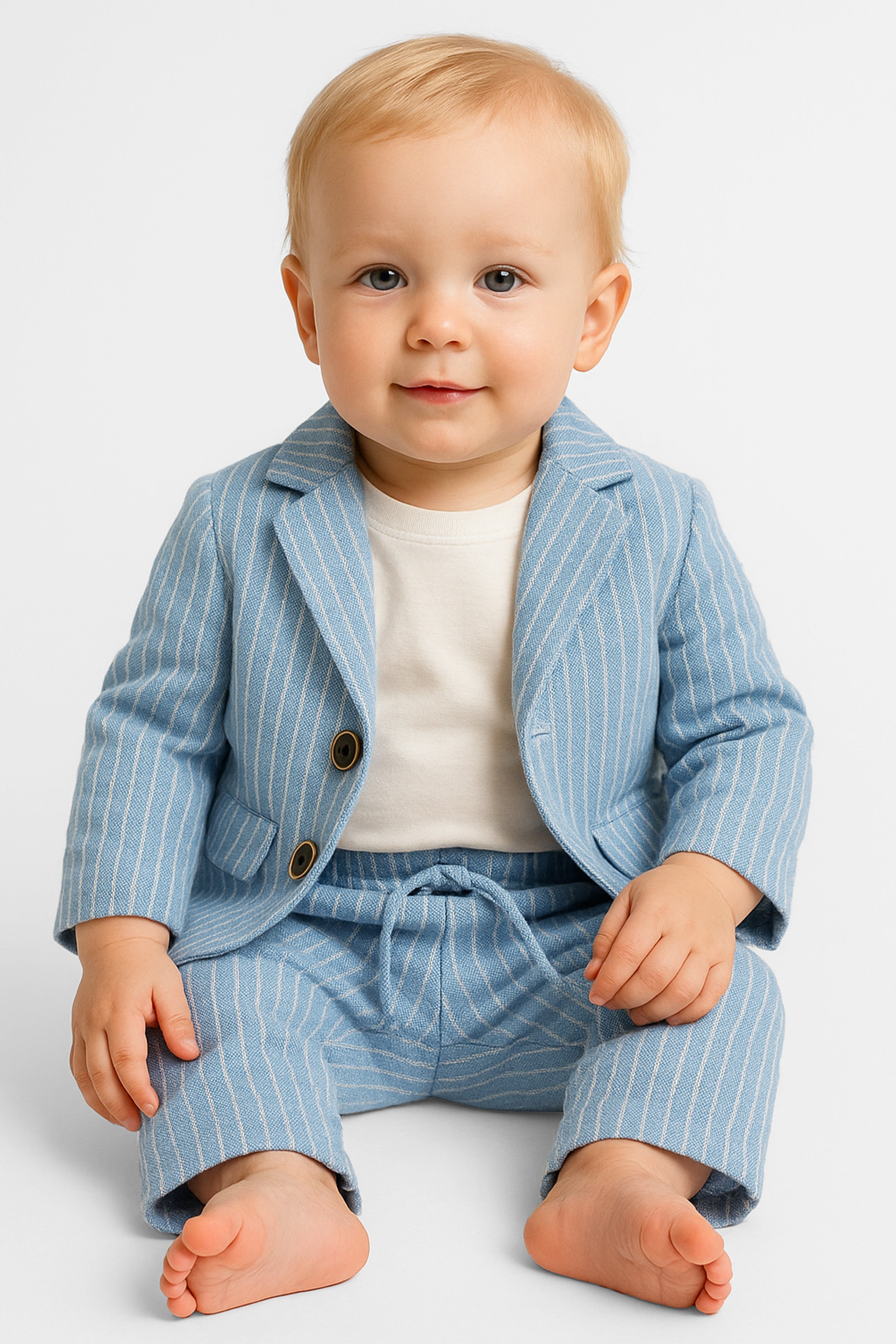 Baby Boys’ Cotton-Linen 3-Piece Pinstripe Suit - SALAS - Blue Model Picture